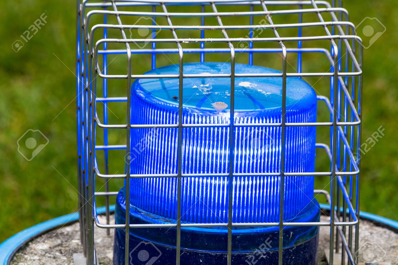 Blue flashing light, police siren against destruction with wire sheathed. - 64297996 Blue flashing light, police siren against destruction with wire sheathed. - 64297996