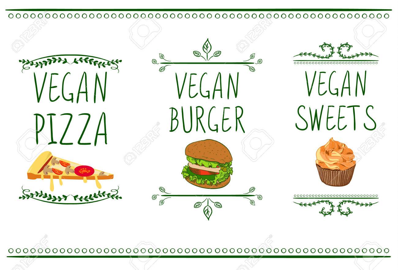 手の描かれたベクター メニュー アイコン ビーガン ピザ ハンバーガー お菓子のイラスト素材 ベクタ Image