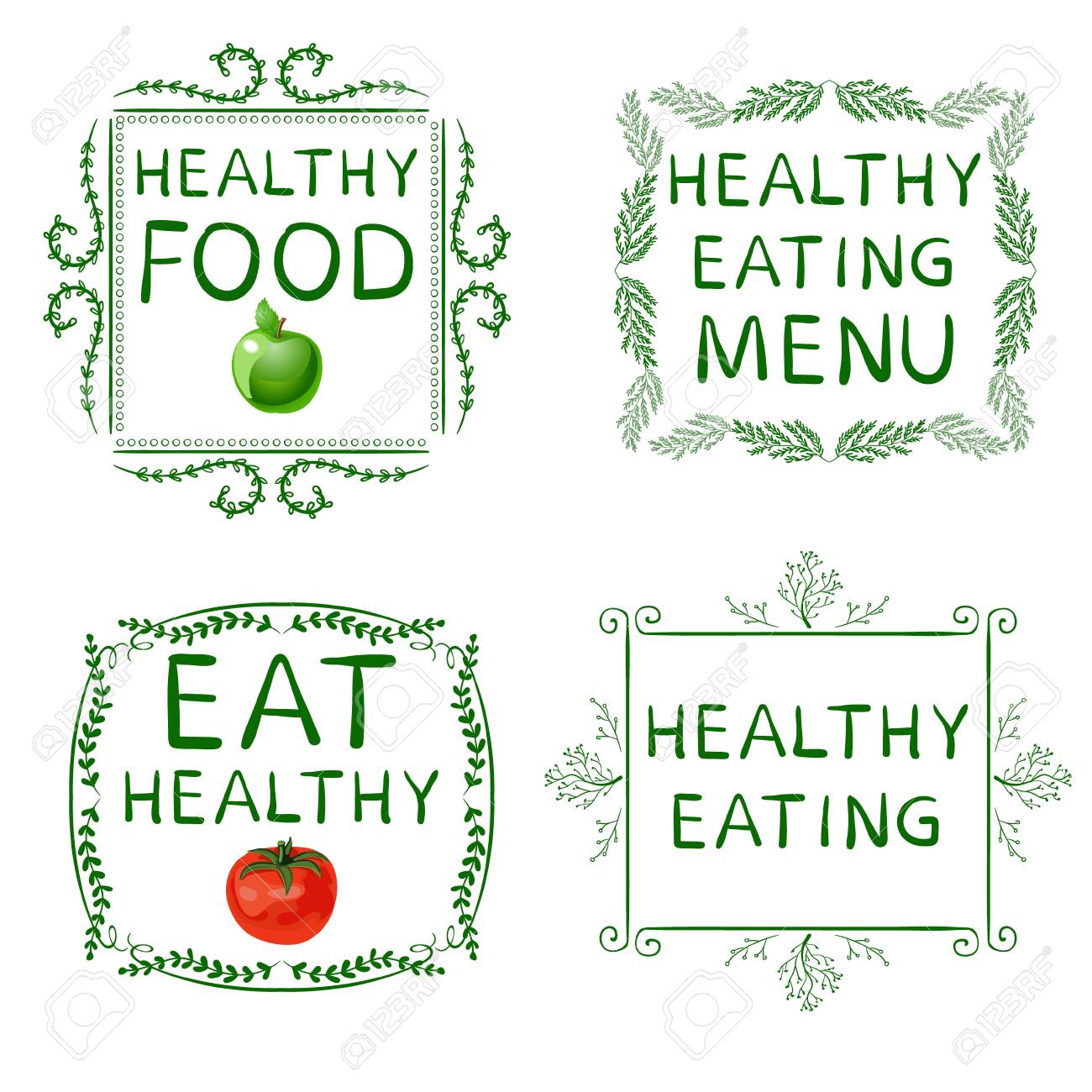 健康的な食事 手描き花柄ホワイト フレームのベクトルを設定 のイラスト素材 ベクタ Image