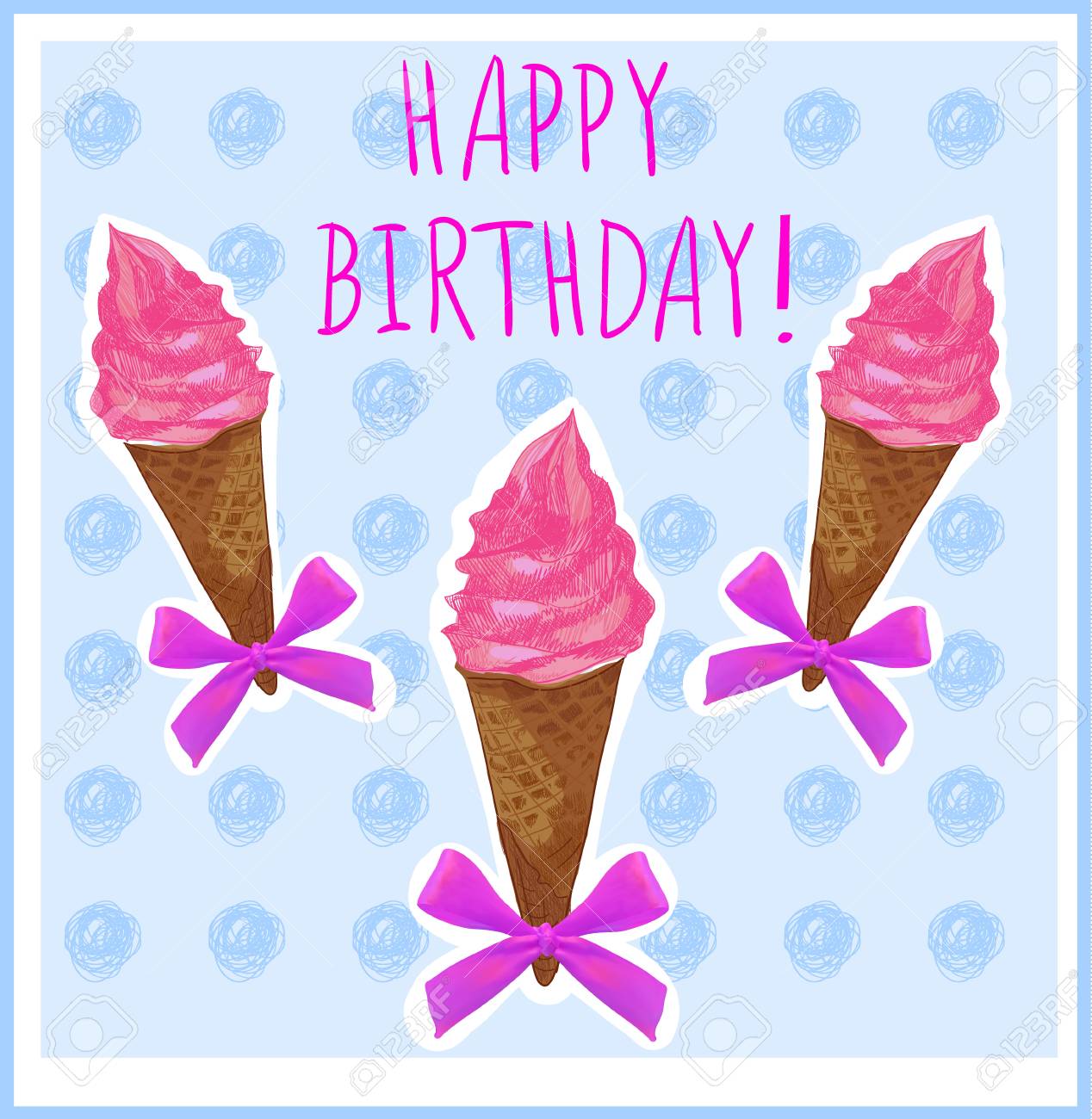 happy birthday card template with hand sketched ice cream cone