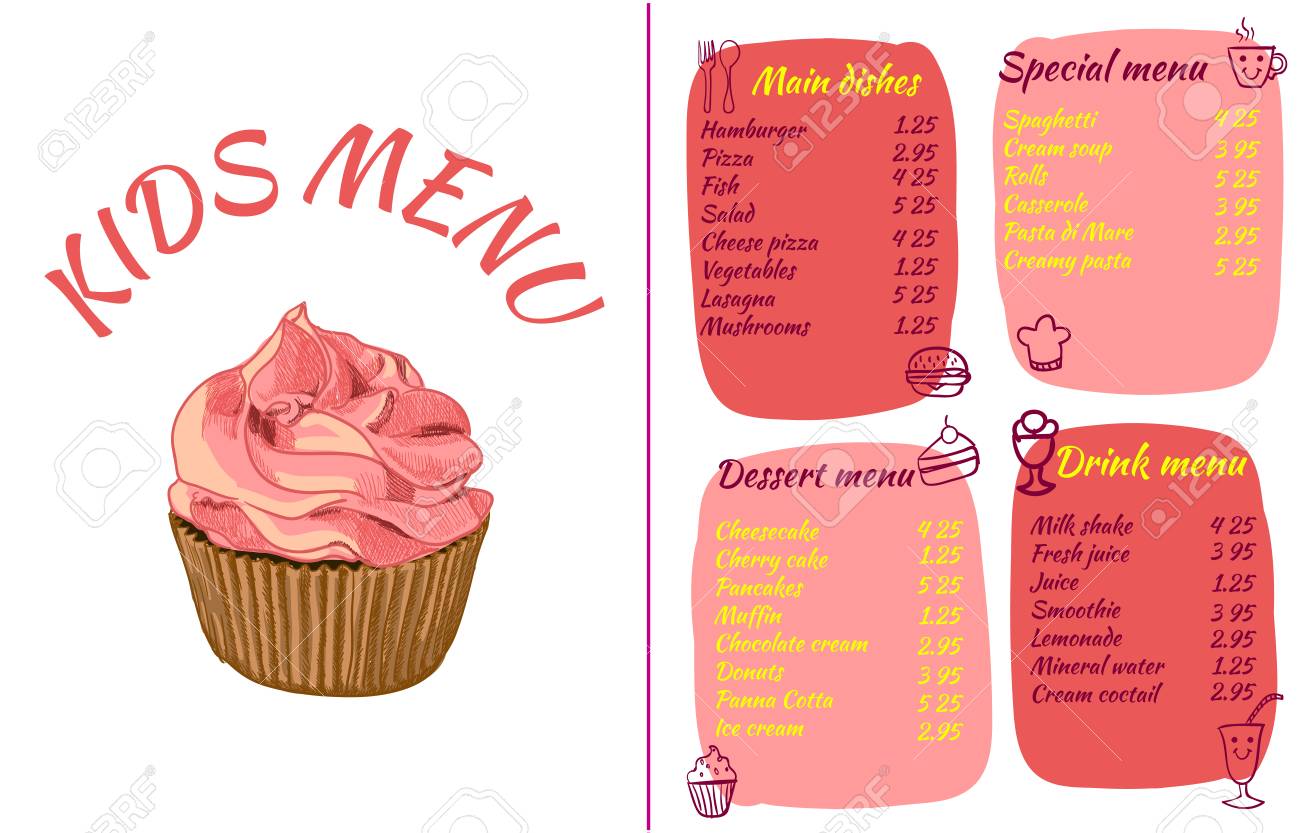 kids menu template colorful vector illustration with hand drawn