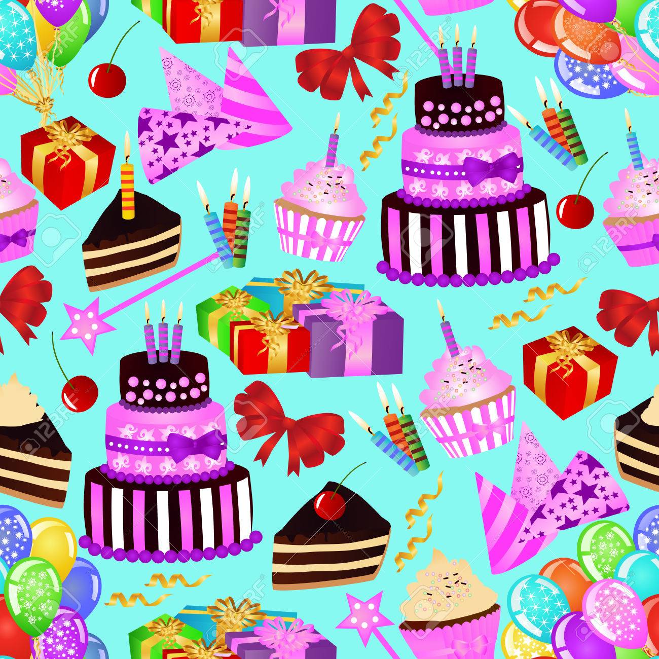 Anniversaire Pattern Avec Un Gateau D Anniversaire Petit Gateau Des Ballons Des Cadeaux Sur Fond Bleu Fond D Ecran D Anniversaire Colore Illustration Clip Art Libres De Droits Vecteurs Et Illustration Image
