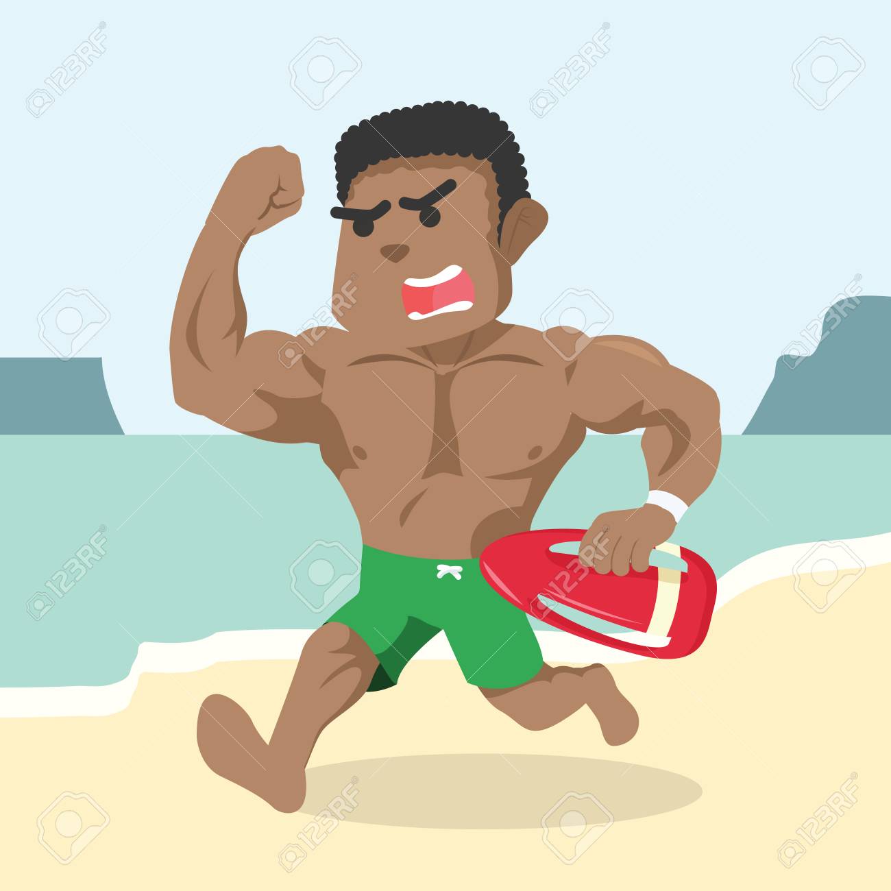 Assistancea を提供するために実行しているアフリカのライフガード 在庫ありイラストのイラスト素材 ベクタ Image