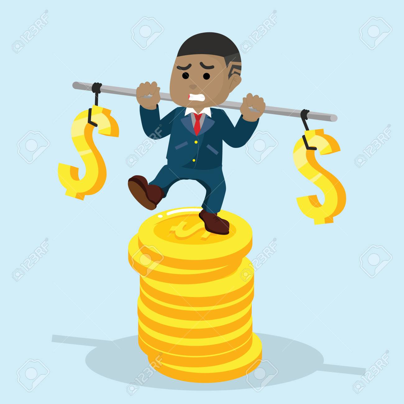 アフリカのビジネスマンは コインのスタックに安定化 株式イラストのイラスト素材 ベクタ Image 92850845