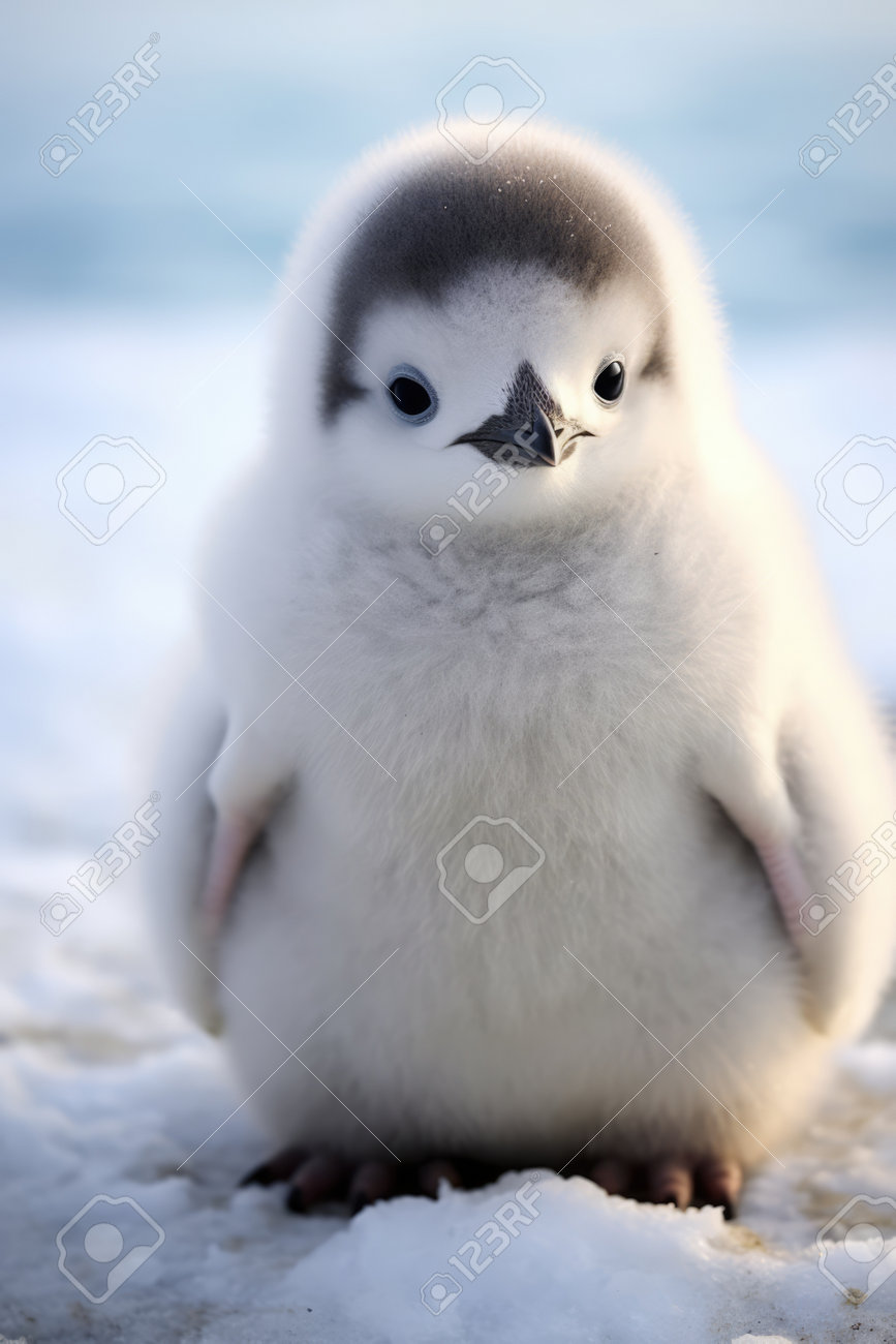 雪の上にとどまる白と灰色の赤ちゃんペンギンのポートレートで