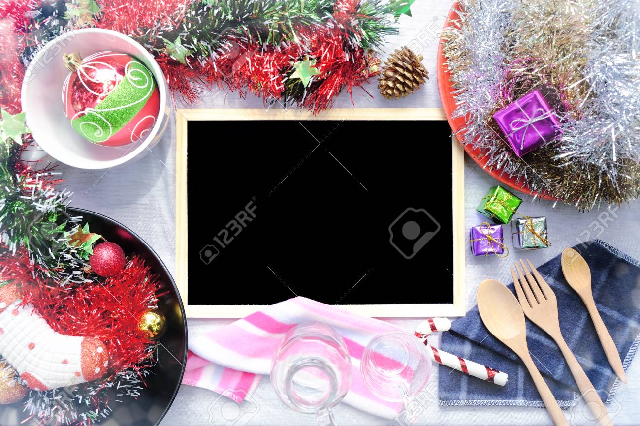 Overhead view of Blank blackboard on Christmas table setting, Rustic decorations, Copy space - 68866795 Overhead view of Blank blackboard on Christmas table setting, Rustic decorations, Copy space - 68866795