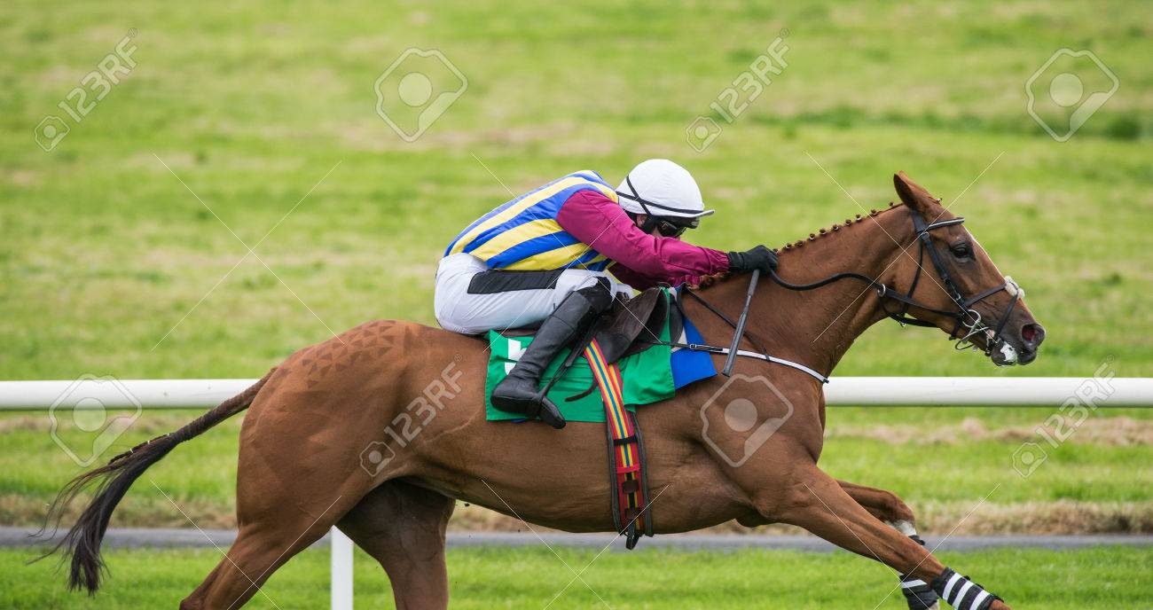 Race Horse And Jockey Galloping Down The Track Stock Photo