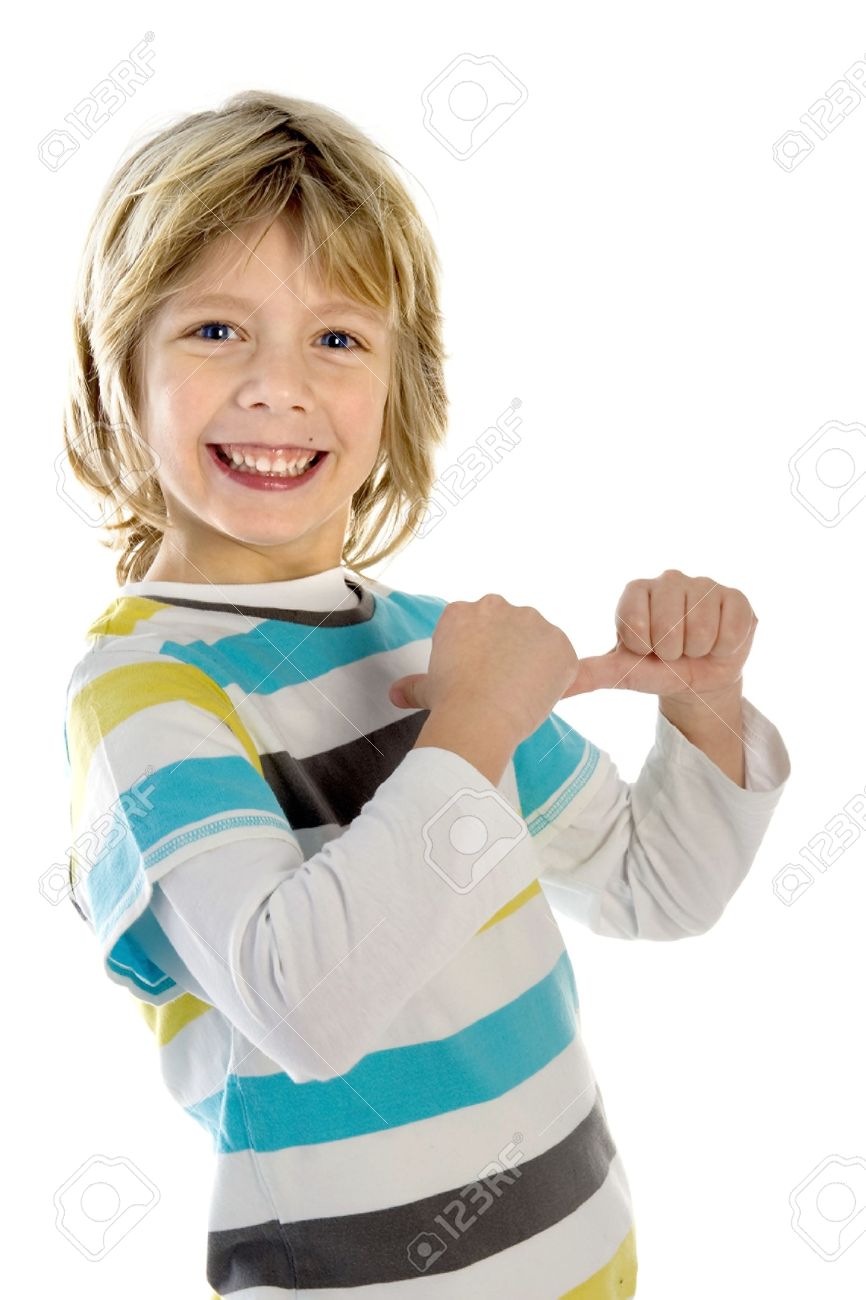 a boy pointing to himself on a white background stock photo picture