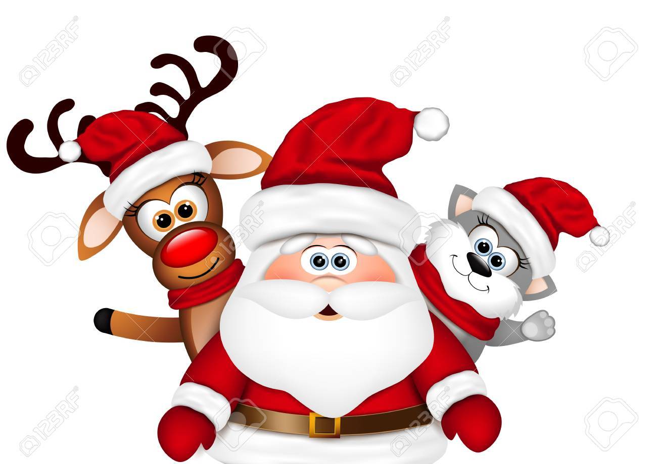 Carte De Noel Pere Noel Avec Rennes Et Chat Clip Art Libres De Droits Vecteurs Et Illustration Image