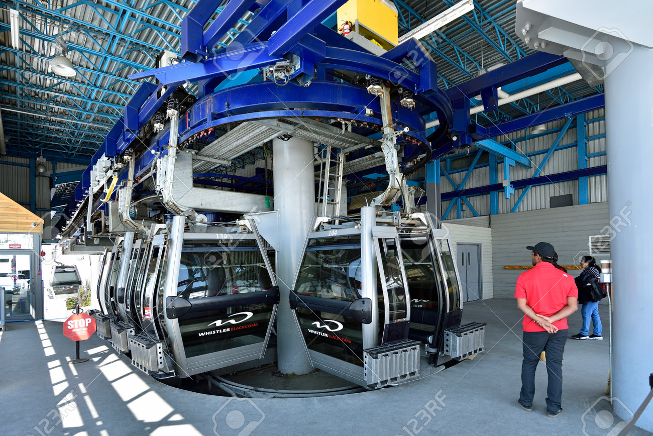 WHISTLER, BC, CANADA, MAY 30, 2019: Inside of Peak 2 Peak gondola building on top of Whistler Blackcomb Mountain. - 160784272 WHISTLER, BC, CANADA, MAY 30, 2019: Inside of Peak 2 Peak gondola building on top of Whistler Blackcomb Mountain. - 160784272