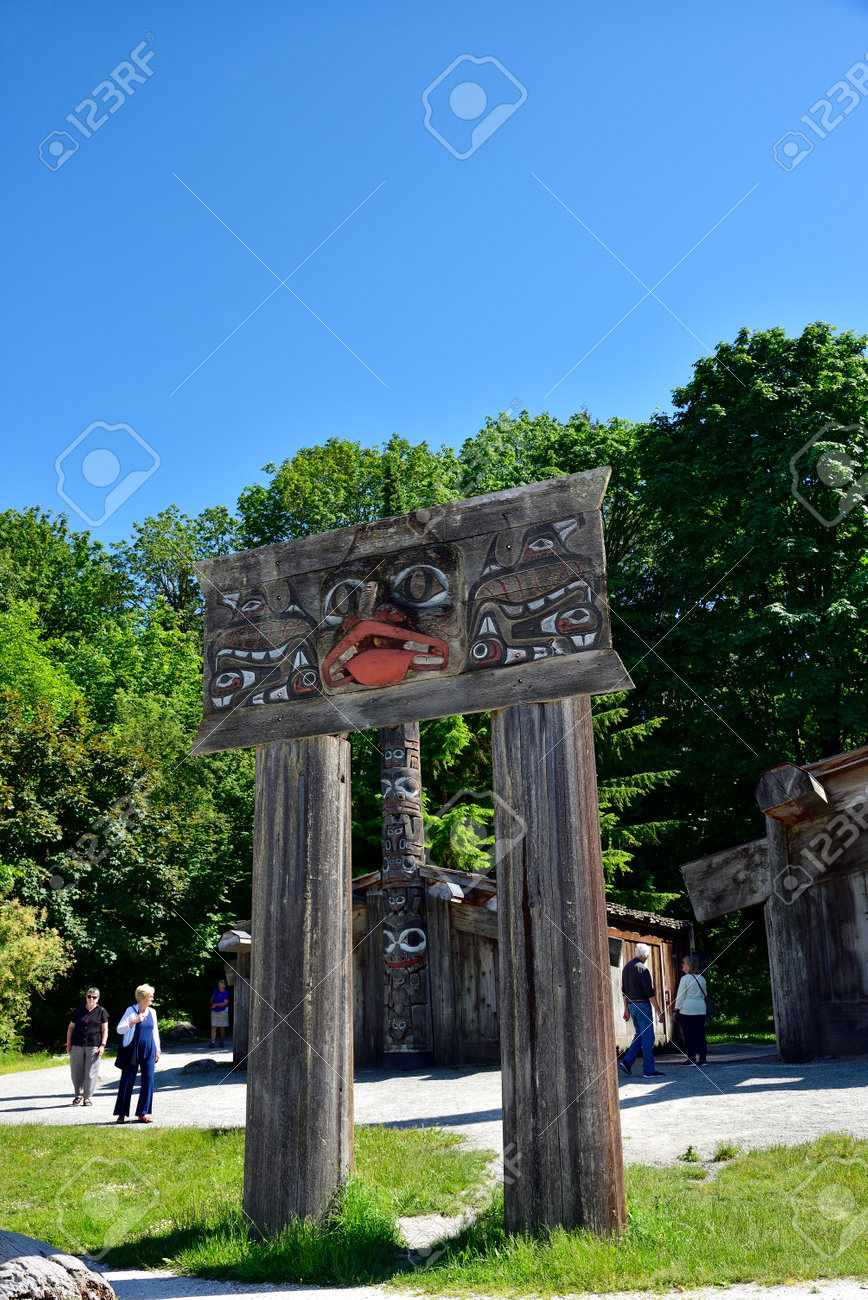 VANCOUVER, BC, CANADA, JUNE 03, 2019: First Nations totem poles and Haida houses in Museum of Anthropology at the University of British Columbia UBC campus in Vancouver - 161070543 VANCOUVER, BC, CANADA, JUNE 03, 2019: First Nations totem poles and Haida houses in Museum of Anthropology at the University of British Columbia UBC campus in Vancouver - 161070543