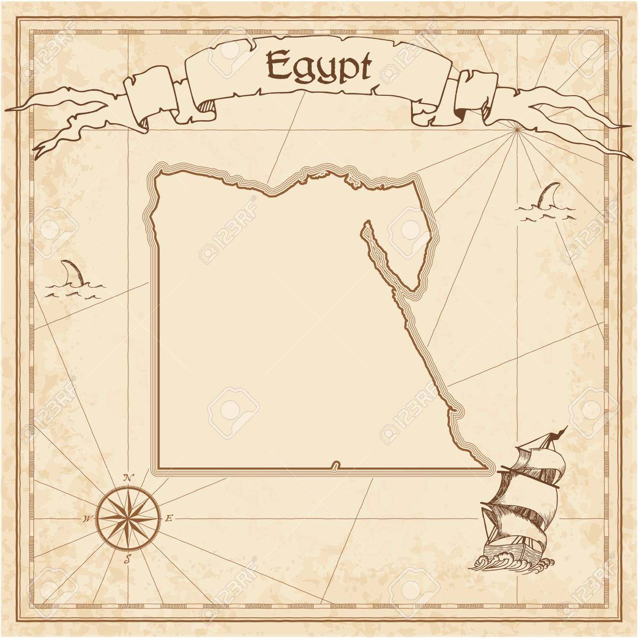 エジプトの古い宝の地図 海賊の地図のセピア色の刻まれたテンプレートです ビンテージ紙様式化された海賊の地図 のイラスト素材 ベクタ Image