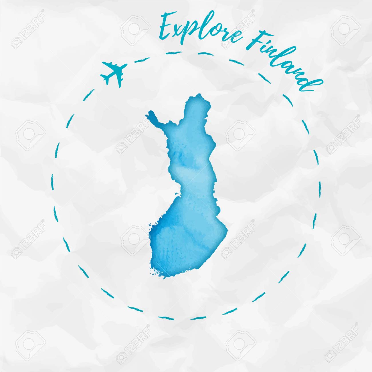 フィンランド ターコイズ色の水彩マップ しわくちゃの紙飛行機トレースと手塗りの水彩フィンランド地図フィンランド ポスターを探索します ベクトルの図 の イラスト素材 ベクタ Image