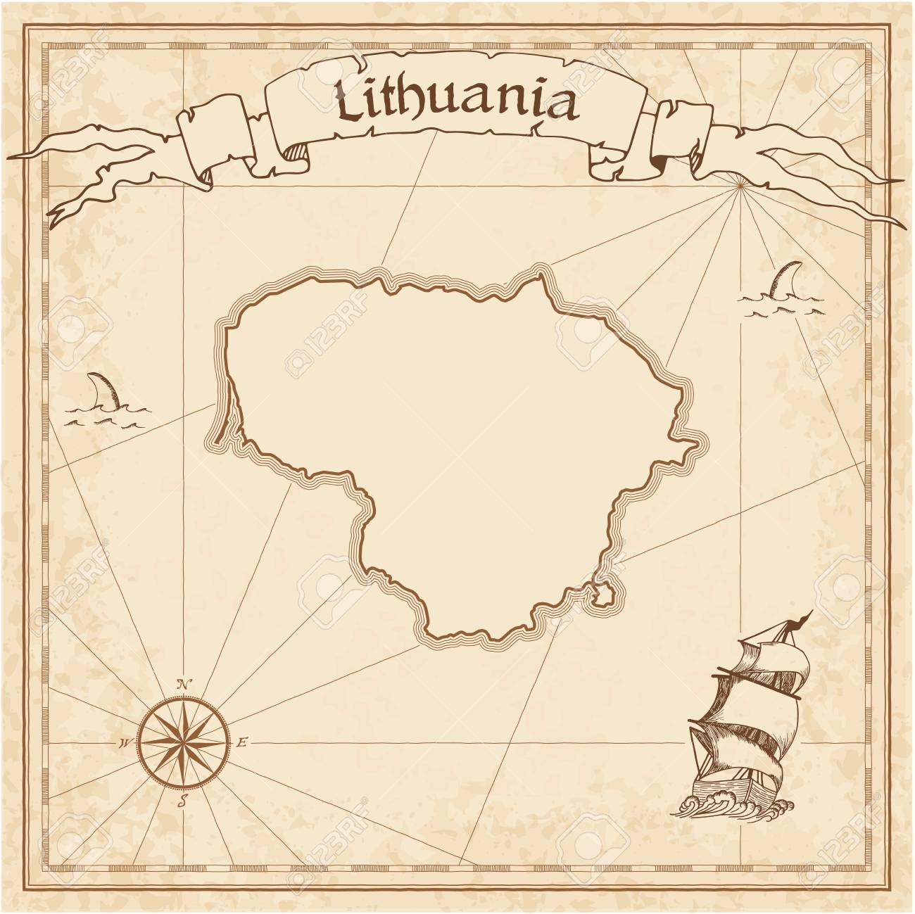 リトアニアの古い宝の地図 海賊の地図のセピア色の刻まれた リトアニアの古い宝の地図 海賊の地図のセピア色の刻まれた