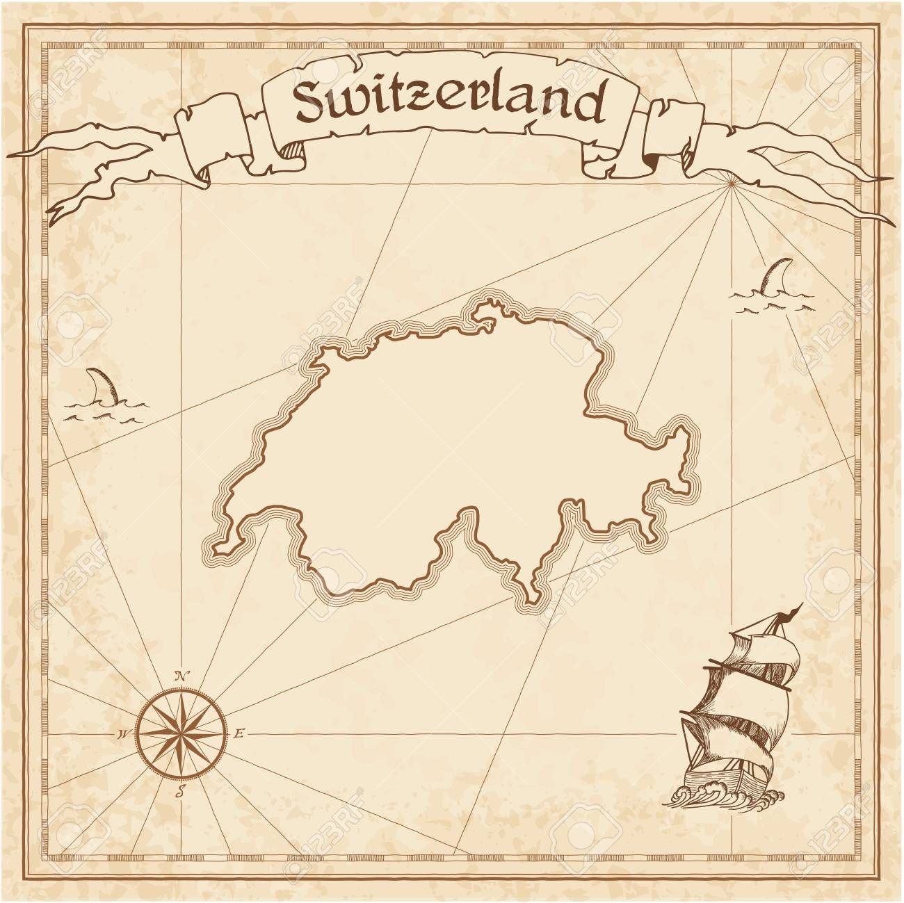 スイス古い宝の地図 海賊の地図のセピア色の刻まれたテンプレートです ビンテージ紙様式化された海賊の地図 のイラスト素材 ベクタ Image