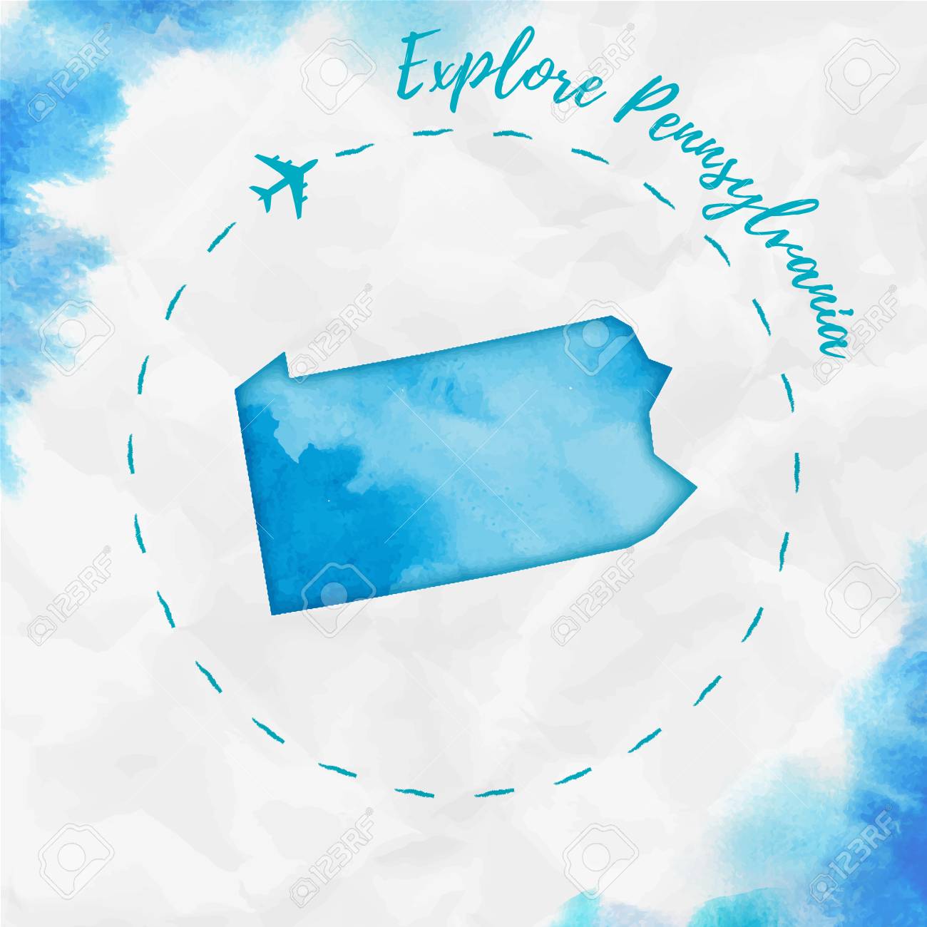 ペンシルベニア州の水彩画私たちはターコイズ色で私たちの状態マップ 飛行機の痕跡と手描き の水彩ペンシルベニア地図でペンシルバニアのポスターを探検し くしゃくしゃになった紙にペンシルベニア州の地図を描きます ベクトルイラスト のイラスト素材 ベクタ Image
