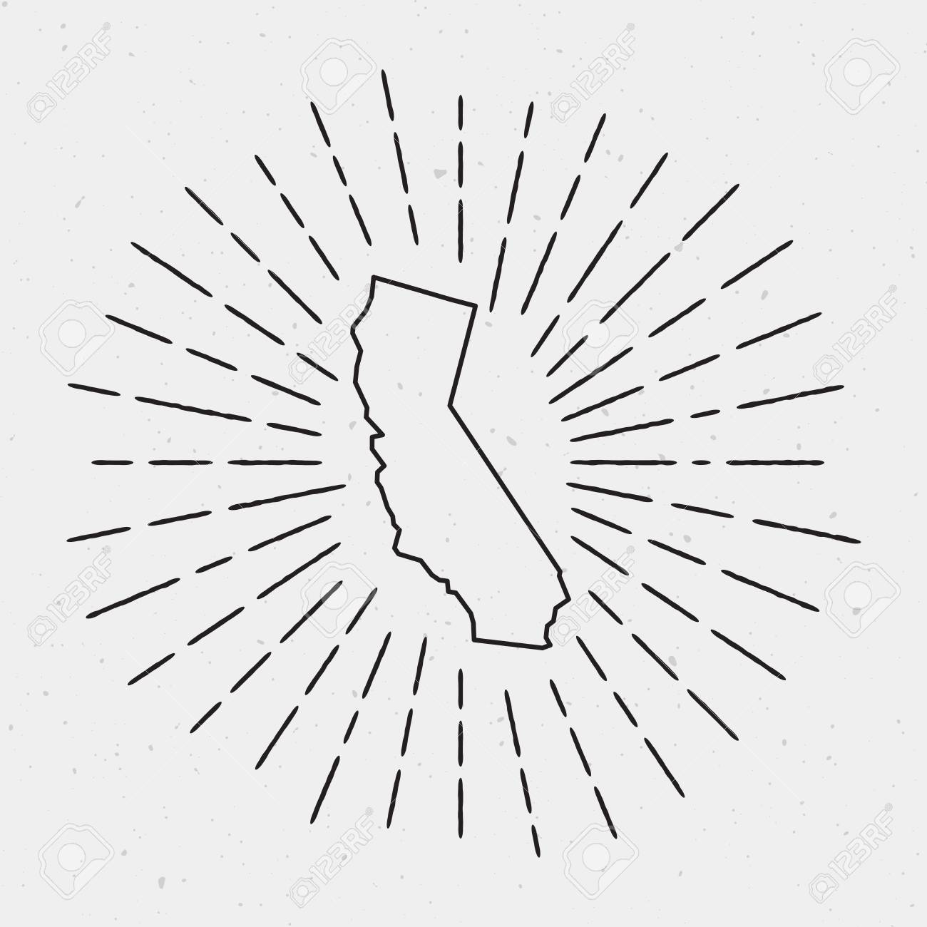 Vector California Map Outline With Retro Sunburst Border Hand Vector California Map Outline With Retro Sunburst Border Hand