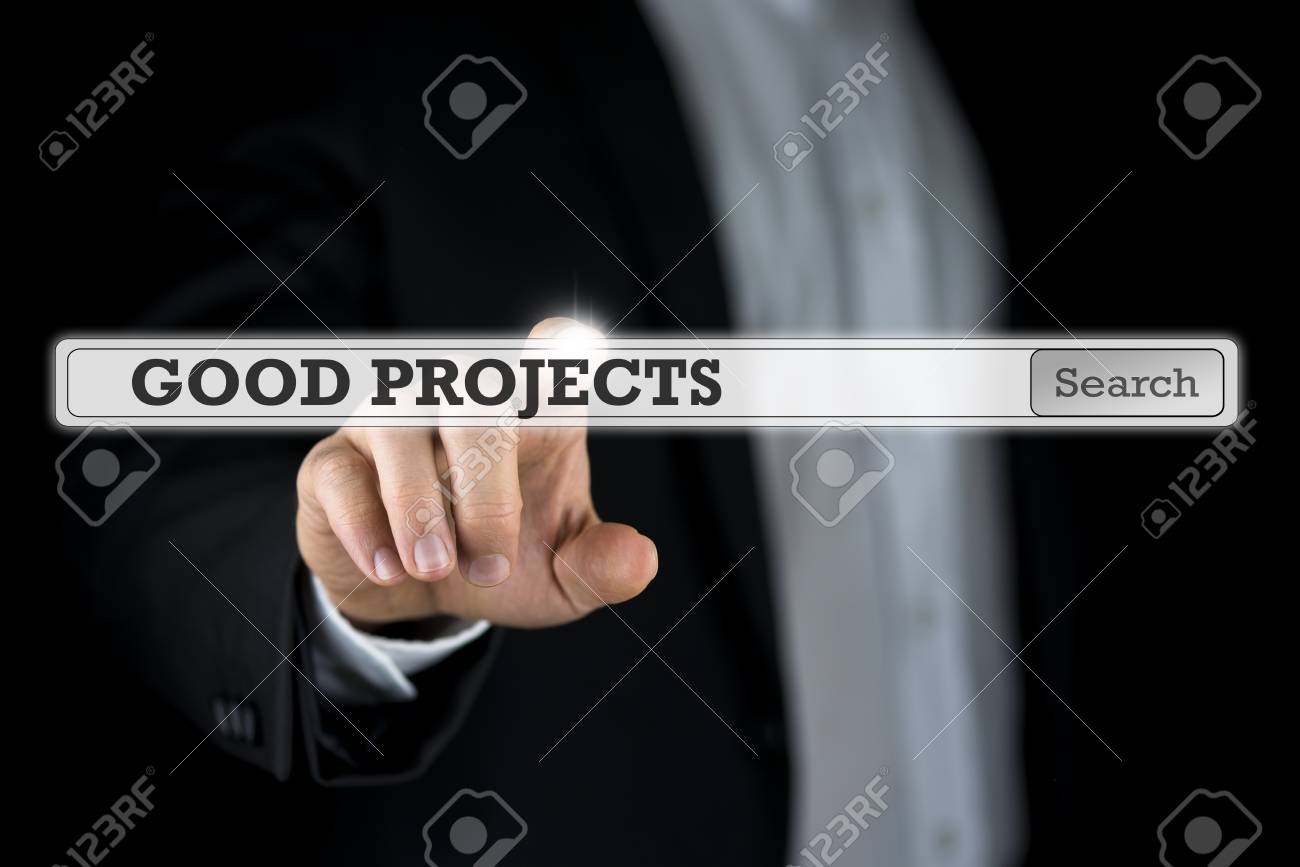 Businessman pushing Good projects search bar on a virtual computer screen or interface. - 43136970 Businessman pushing Good projects search bar on a virtual computer screen or interface. - 43136970