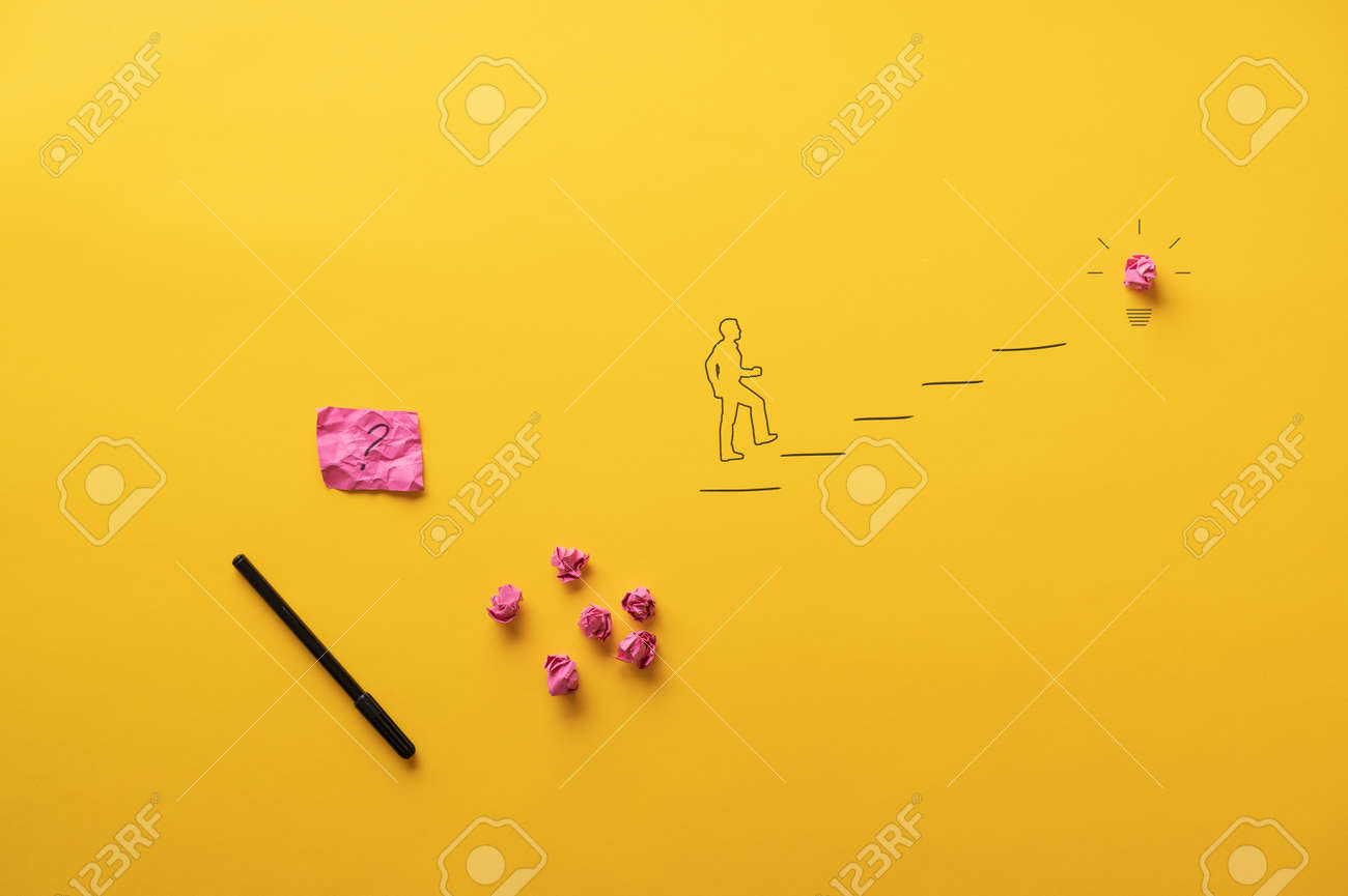 Conceptual image of solution, vision and idea with a silhouette of a man walking up the steps towards a light bulb. Over yellow background. - 169239312 Conceptual image of solution, vision and idea with a silhouette of a man walking up the steps towards a light bulb. Over yellow background. - 169239312