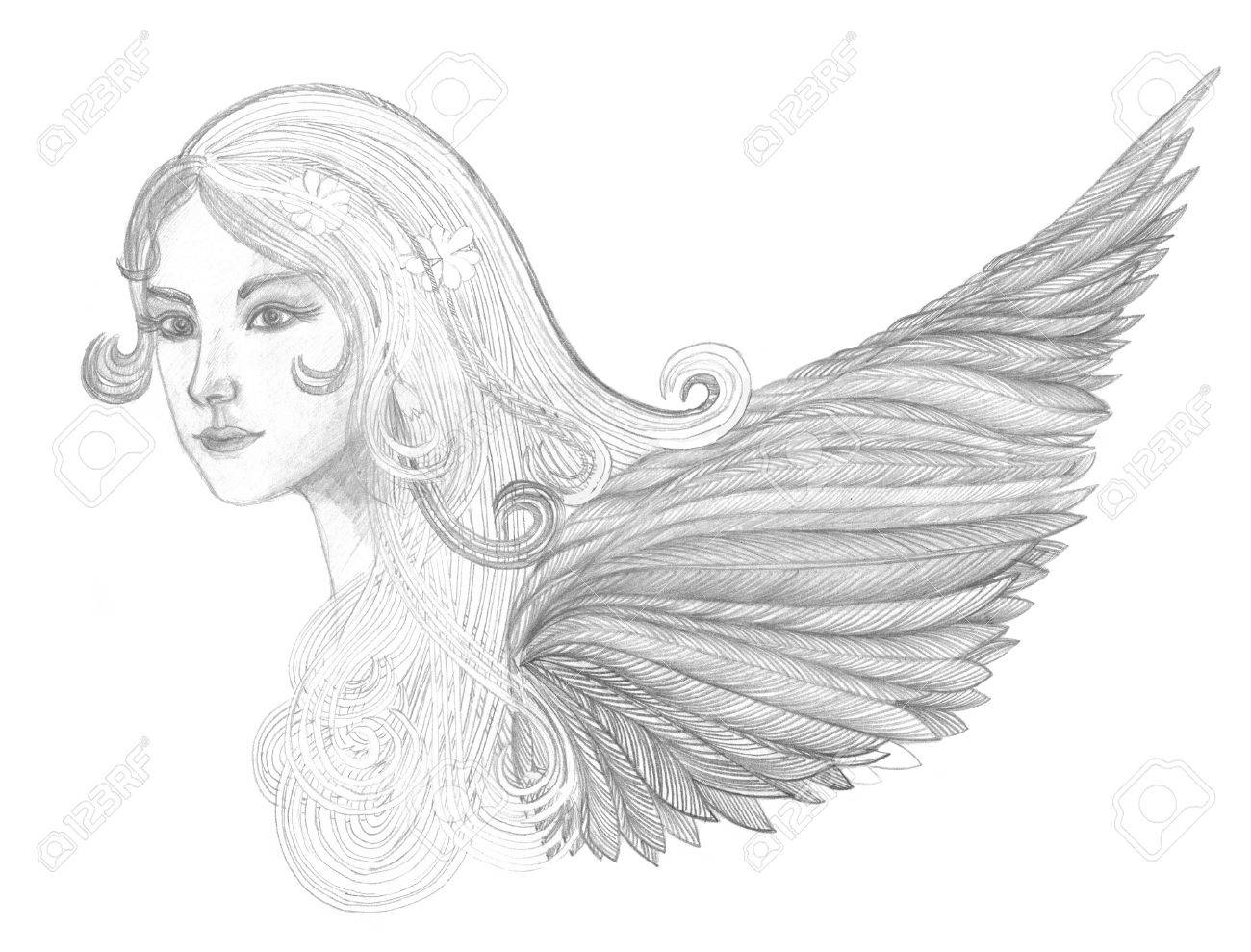 Lack Swan.Girl With Beautiful Wings.Graphic Drawn Pencils.Waving Hair Stock  Photo, Picture and Royalty Free Image. Image 53860694., image size:1300x989