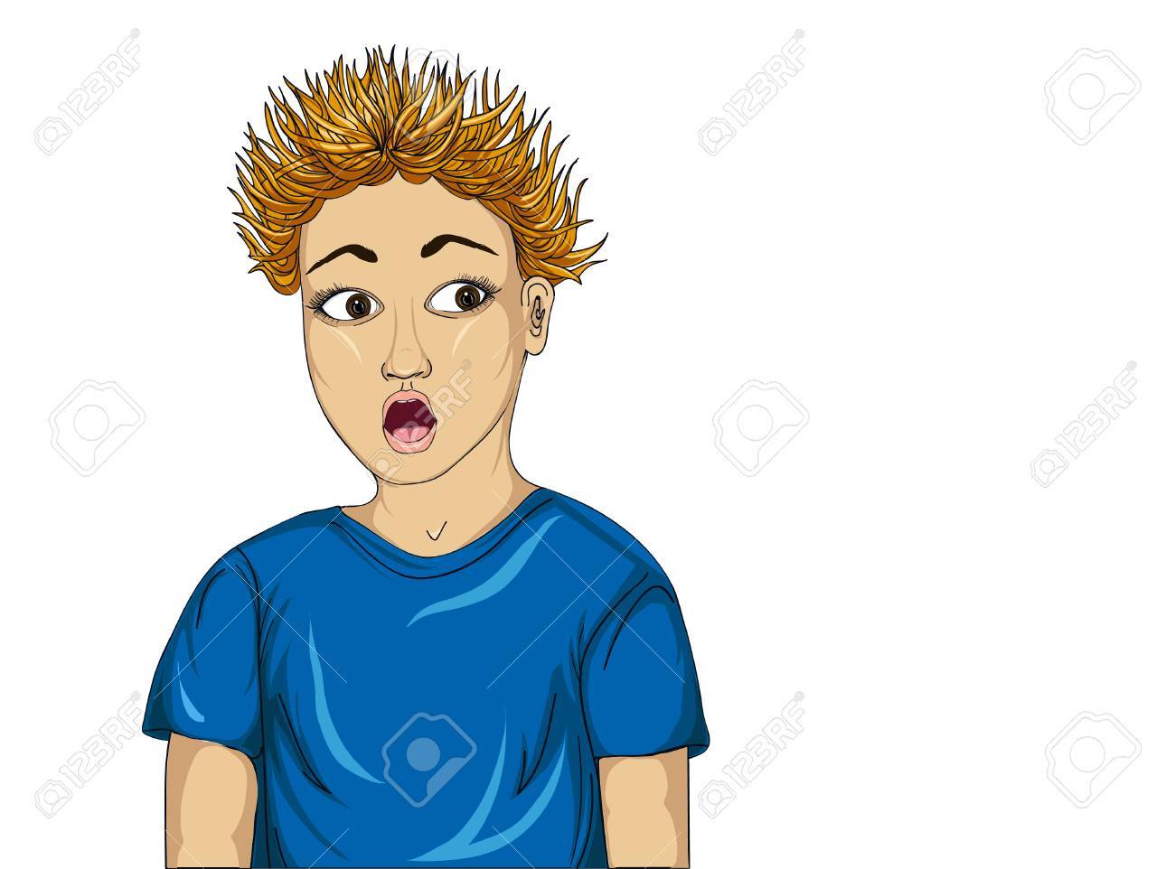 衝撃の少年 面白い髪挿入終わり 非常に驚いて おびえた子供 白地にポップ イラスト のイラスト素材 ベクタ Image