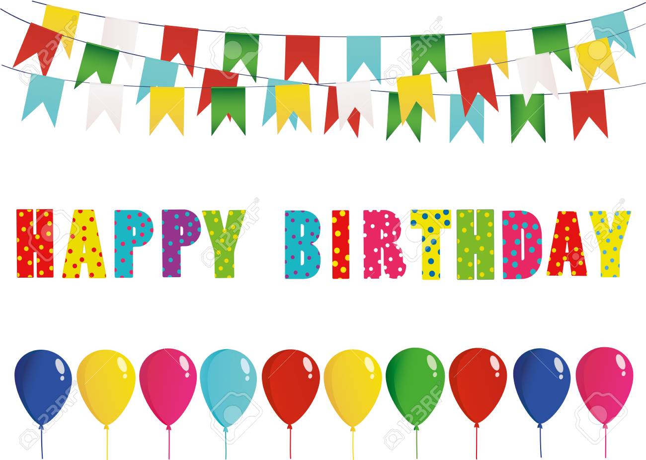 Bougies Colorees De Joyeux Anniversaire Guirlande Arc En Ciel De Drapeaux Lettres Et Ballons Carte De Voeux Ou Invitation Pour Des Vacances Vecteur Espace Vide Pour Le Texte Clip Art Libres De Droits