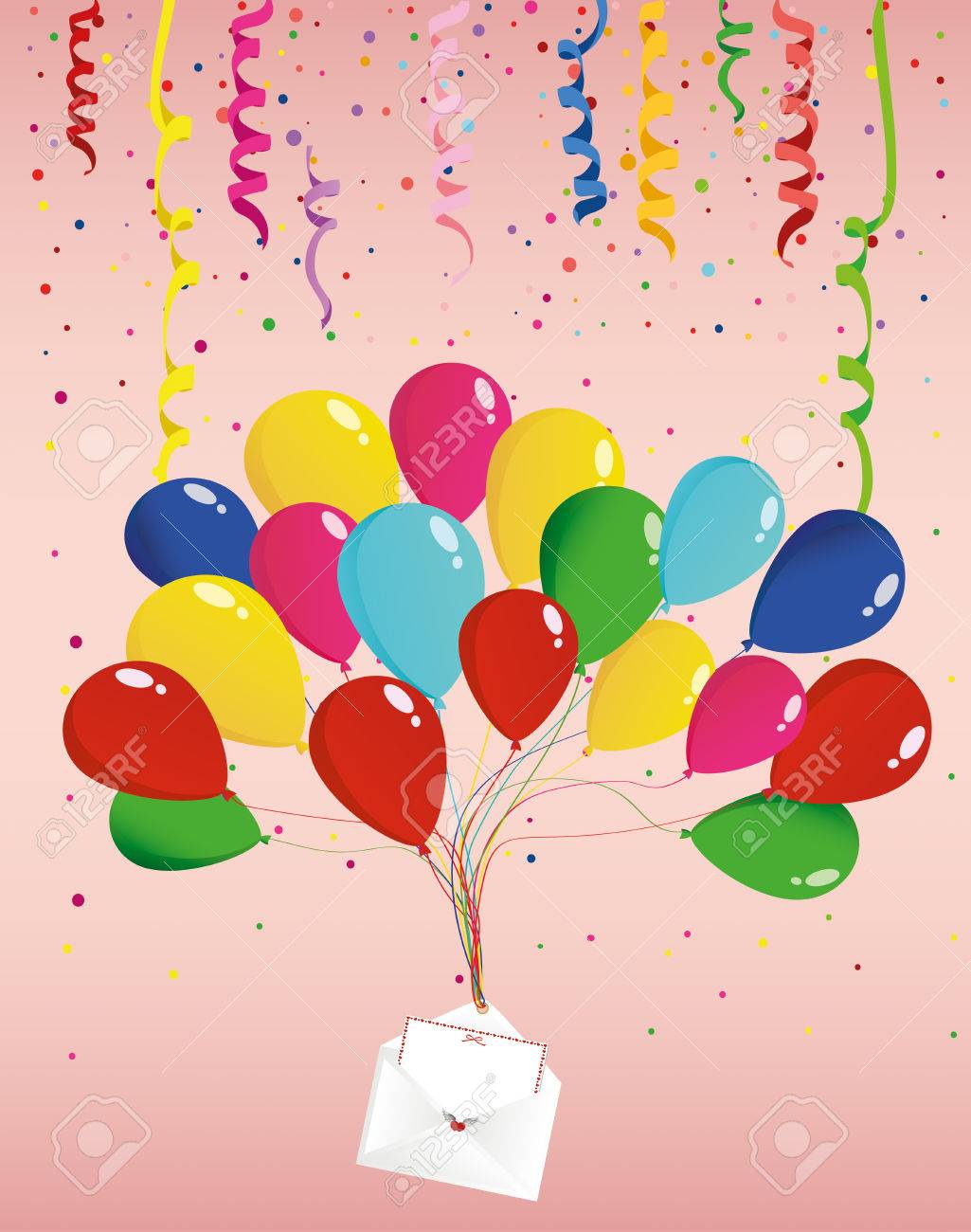 封筒や手紙心に色とりどりの風船を上げるを空気します フラグと紙吹雪のガーランド バレンタインの日 私は大好きです ベクトル グリーティング カードまたは休日のための招待のイラスト素材 ベクタ Image 7614