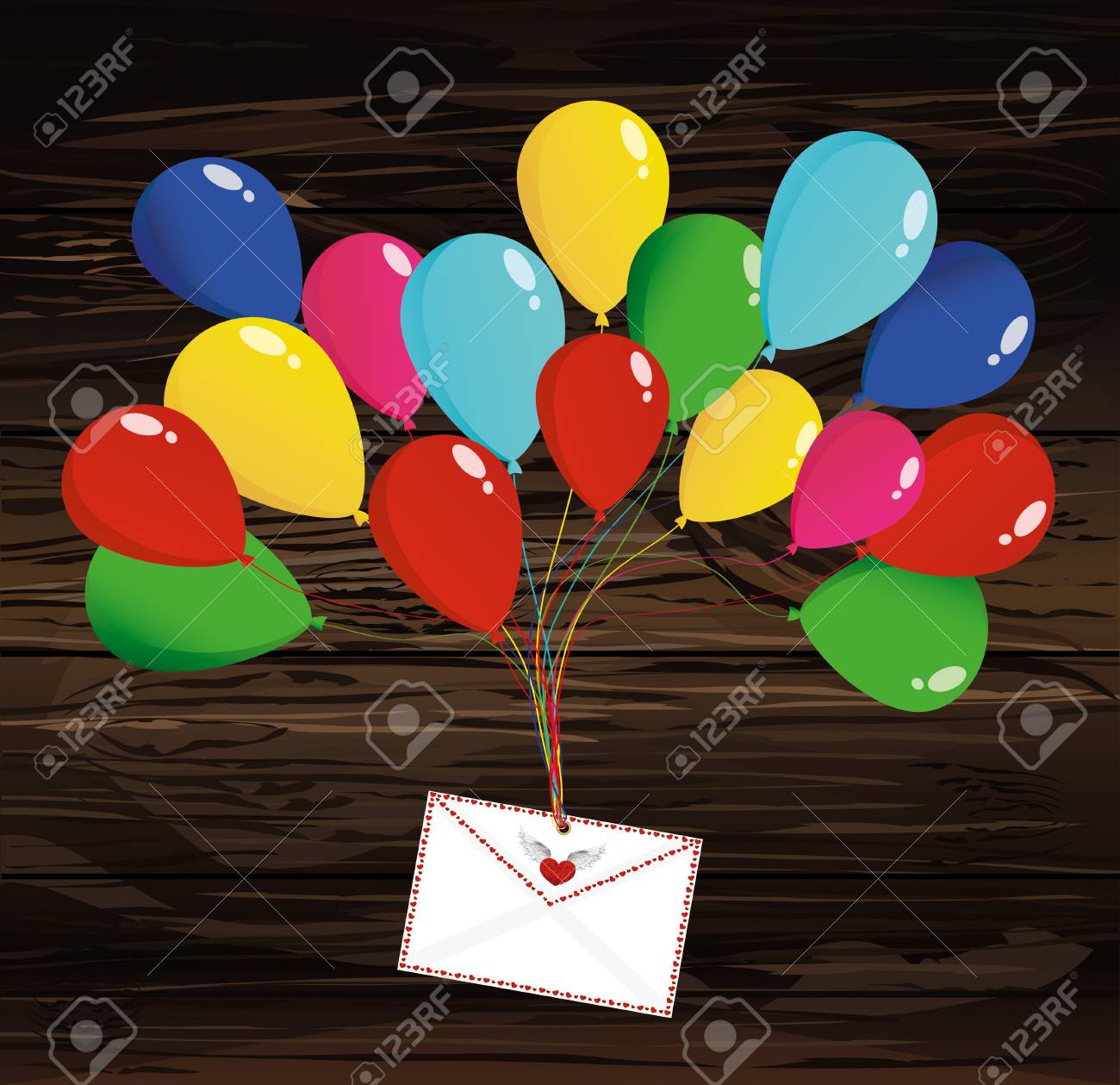 空気の多色の風船は心で封筒や手紙を持ち上げます のイラスト素材 ベクタ Image