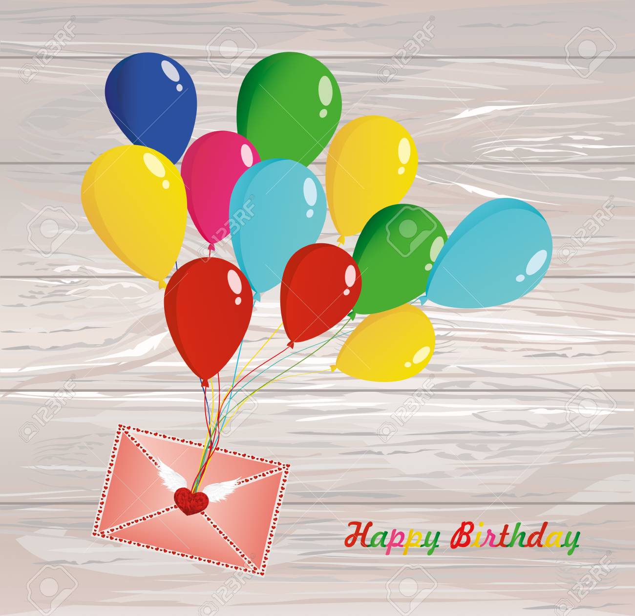 空気の多色の風船は心で封筒や手紙を持ち上げます のイラスト素材 ベクタ Image