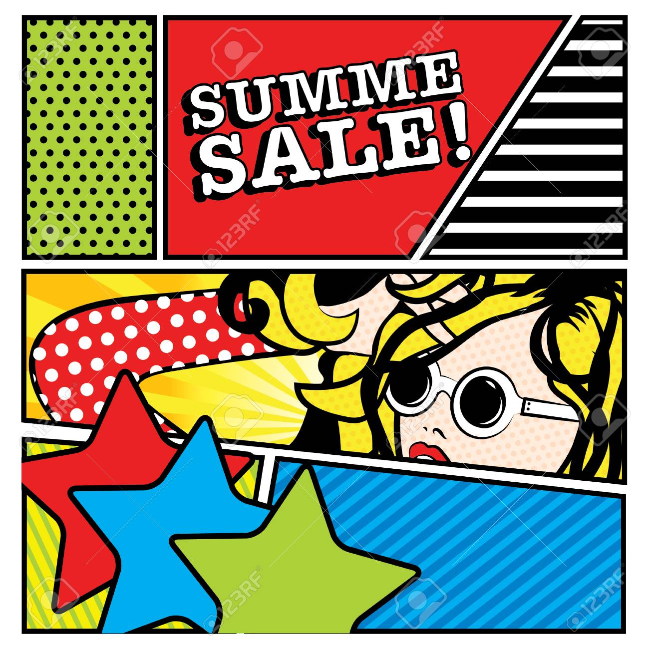 夏販売タイポグラフィーとポップアート女性 のイラスト素材 ベクタ Image