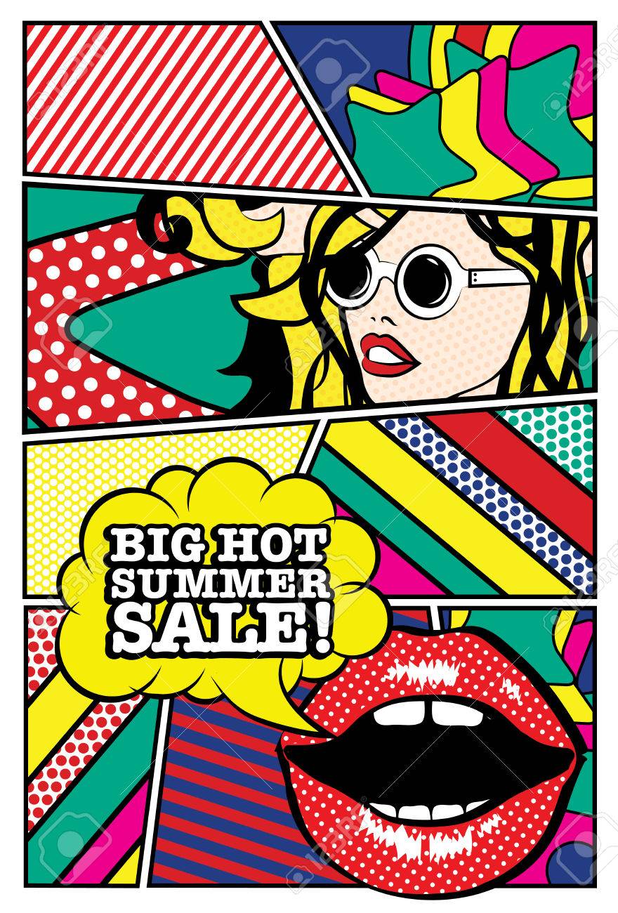 Pop Art Frau Mit Grossen Heissen Sommer Verkauf Typographie Lizenzfrei Nutzbare Vektorgrafiken Clip Arts Illustrationen Image