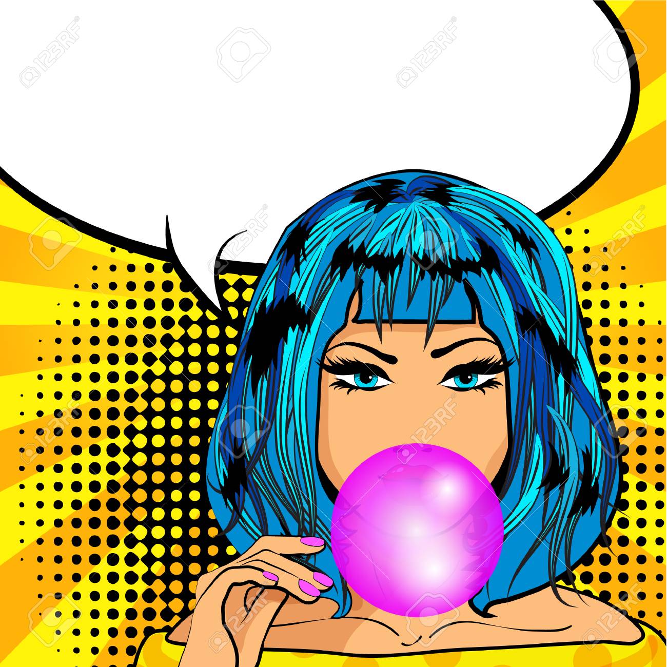 Femme Avec Bulle Bubble Gum Et Icone De Bulle De Discours Clip Art Libres De Droits Vecteurs Et Illustration Image 86560806