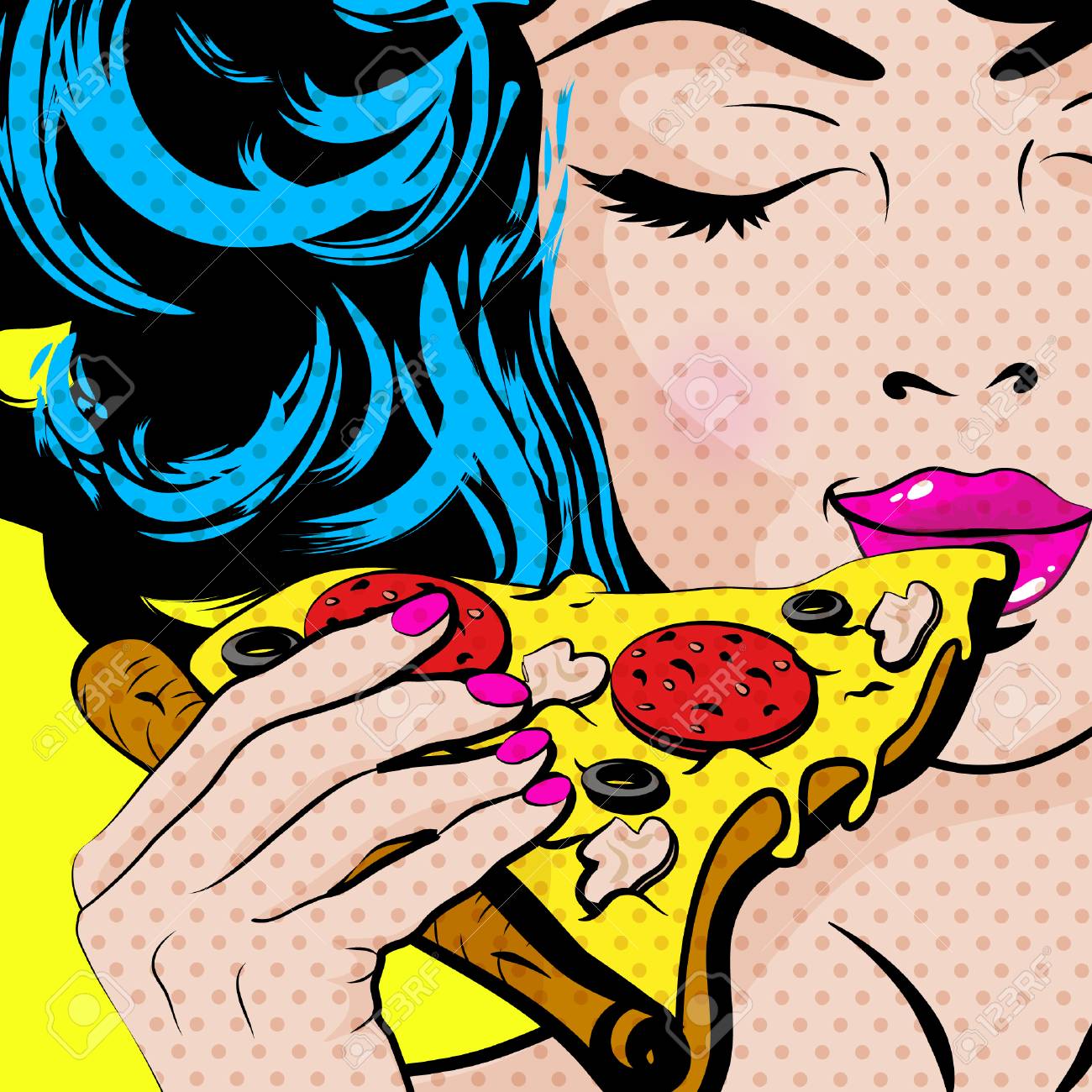 ピザのスライスを食べるポップアートの女性 のイラスト素材 ベクタ Image
