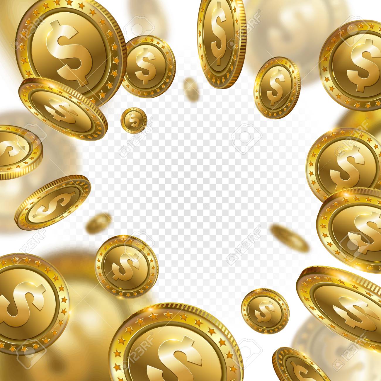 fortune realistic 3d gold dollar coins flying on transparent