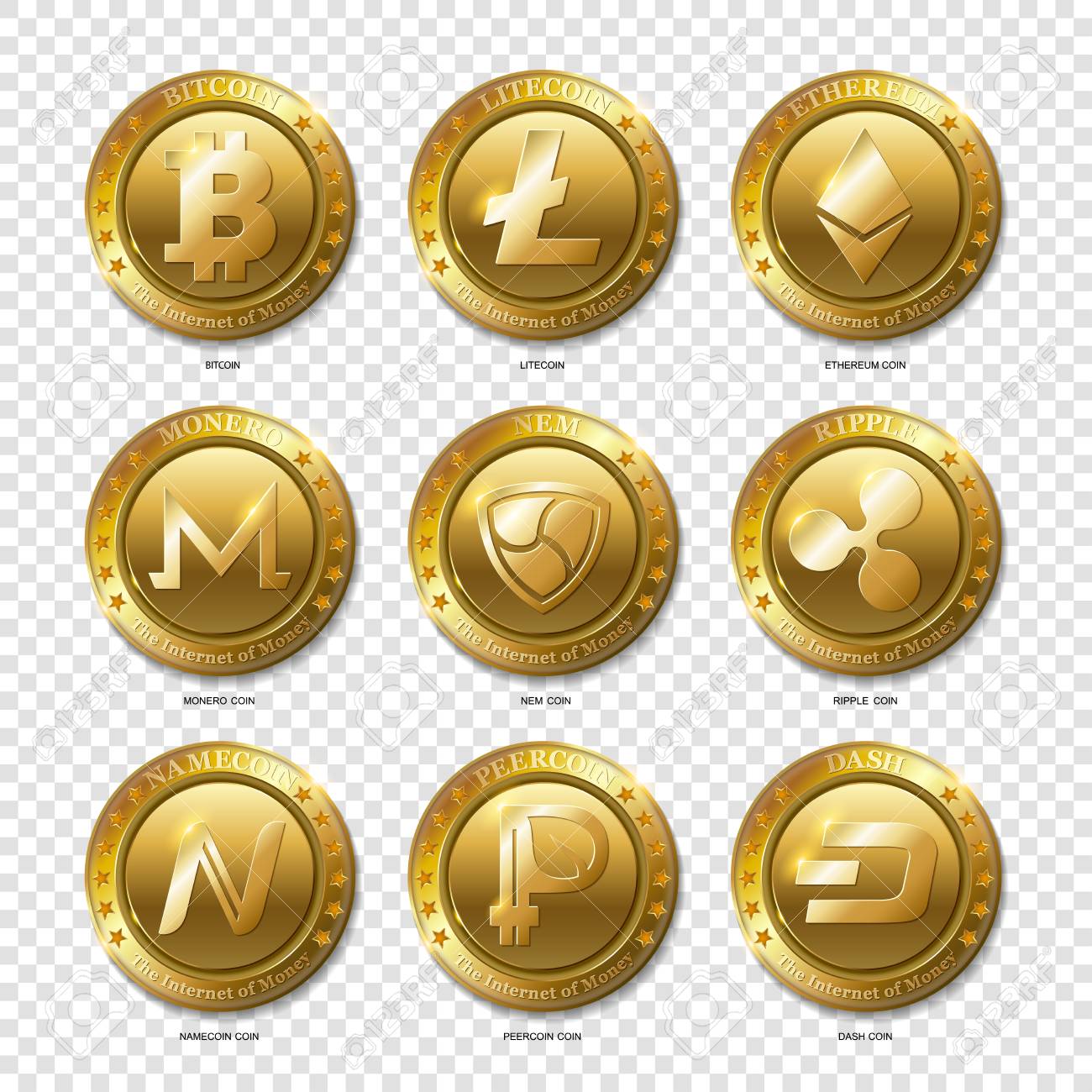 현실적인 3d 황금 Bitcoin, Litecoin, Ethereum, 대시, Monero, Namecoin, Nem,  Peercoin, 리플 동전 세트. Money.Banking 및 블록 체인 개념의 인터넷. 투명 한 배경에 고립 된 현대 평면  스타일입니다. 로열티 무료 사진, 그림,