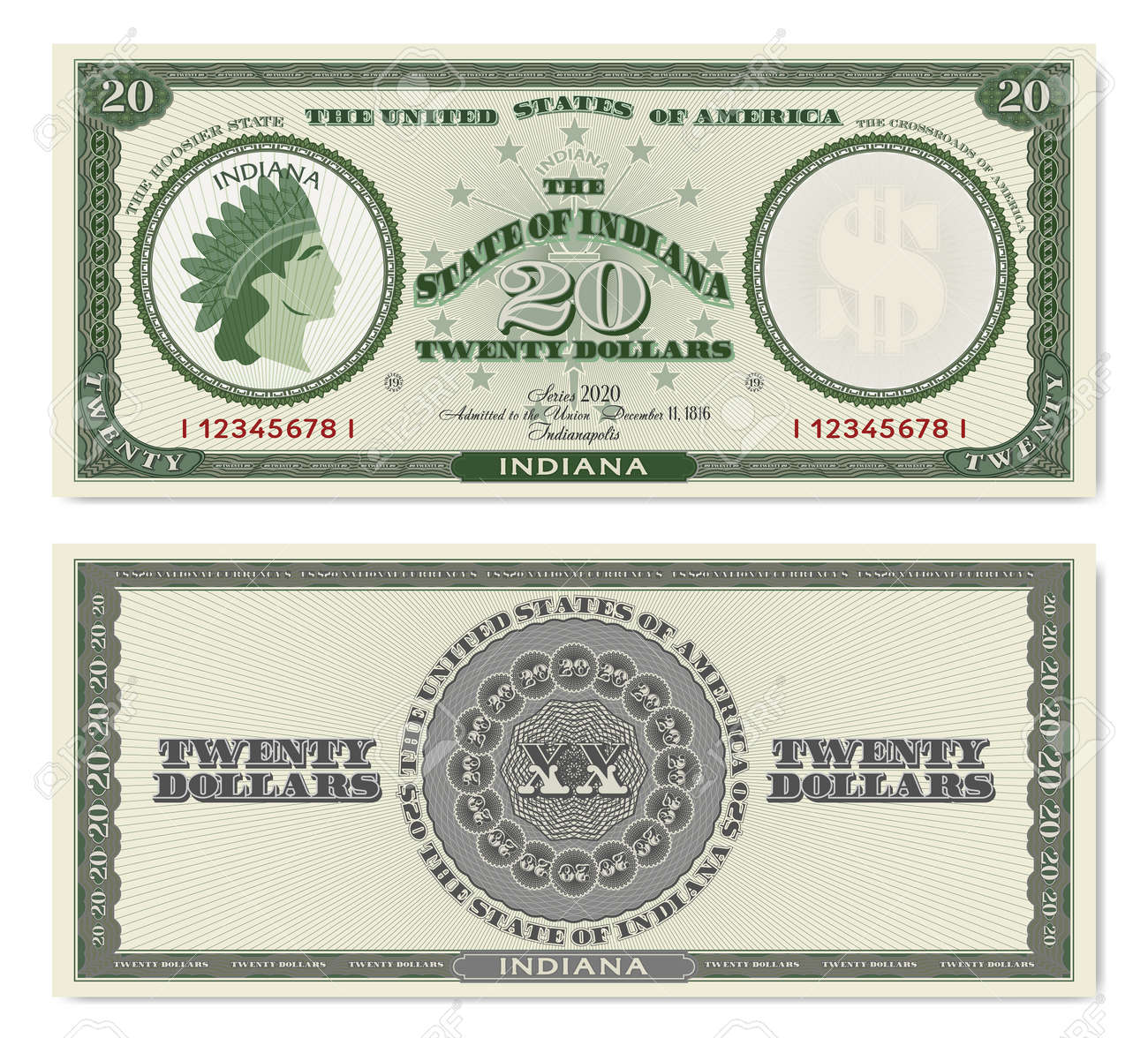 지폐 앞면과 역방향 허구의 미국 20달러 지폐는 얇은 선에서 국가 깃털 왕관 인간 프로필을 착용한 인디애나 인디언 머리 주에  헌정되었습니다. 로열티 무료 사진, 그림, 이미지 그리고 스톡포토그래피. Image 158417321