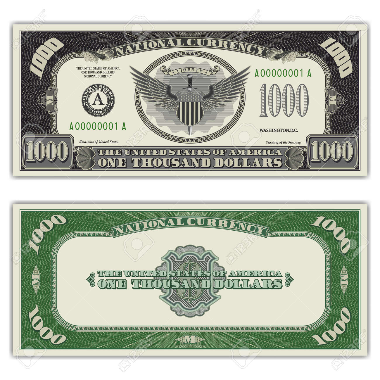 fictional-us-paper-money-fake-obverse-and-reverse-of-a-1000-dollar-banknote-with-a-shield-sword-and-wings-in-the-center-green-gray-guilloche-frame-royalty-free-svg-cliparts-vectors-and-stock