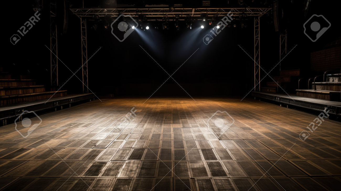 Empty Stage With Spotlights In The Dark. Stock Photo, Picture and Royalty  Free Image. Image 207800463., image size:1300x729