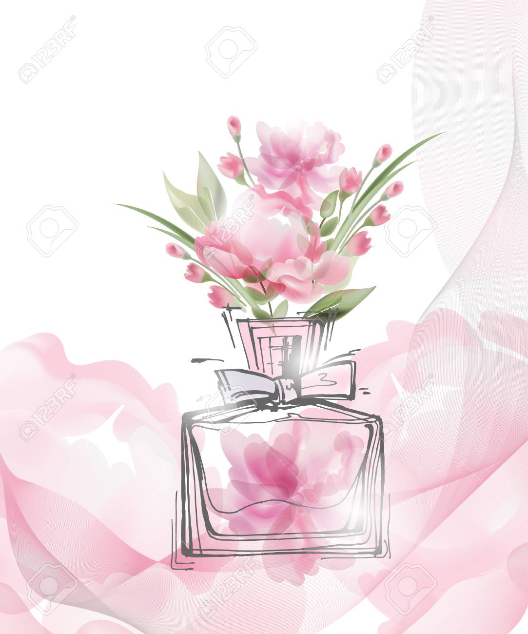 咲く美しいピンクの花を持つ美しい香水瓶 テンプレート ベクトル のイラスト素材 ベクタ Image 咲く美しいピンクの花を持つ美しい香水瓶 テンプレート ベクトル のイラスト素材 ベクタ Image
