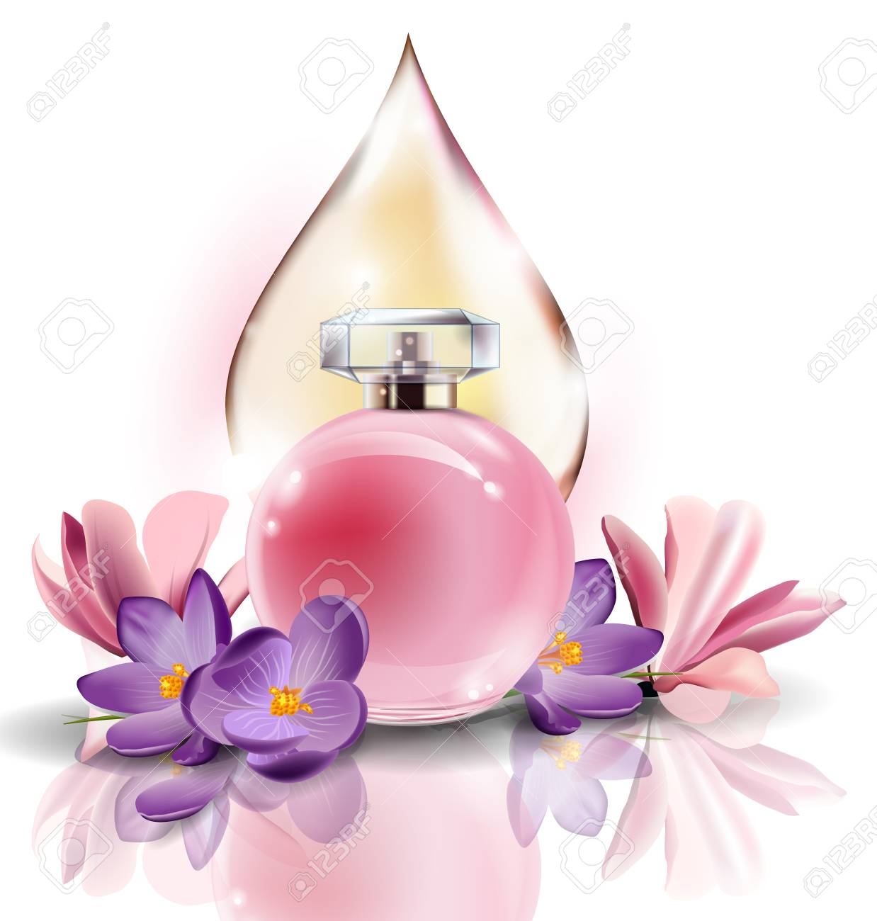Frasco rosa perfume de mujer con flores de primavera azafrán y con una gota de color rosa. Plantilla de Vector Frasco rosa perfume de mujer con flores de primavera azafrán y con una gota de color rosa. Plantilla de Vector