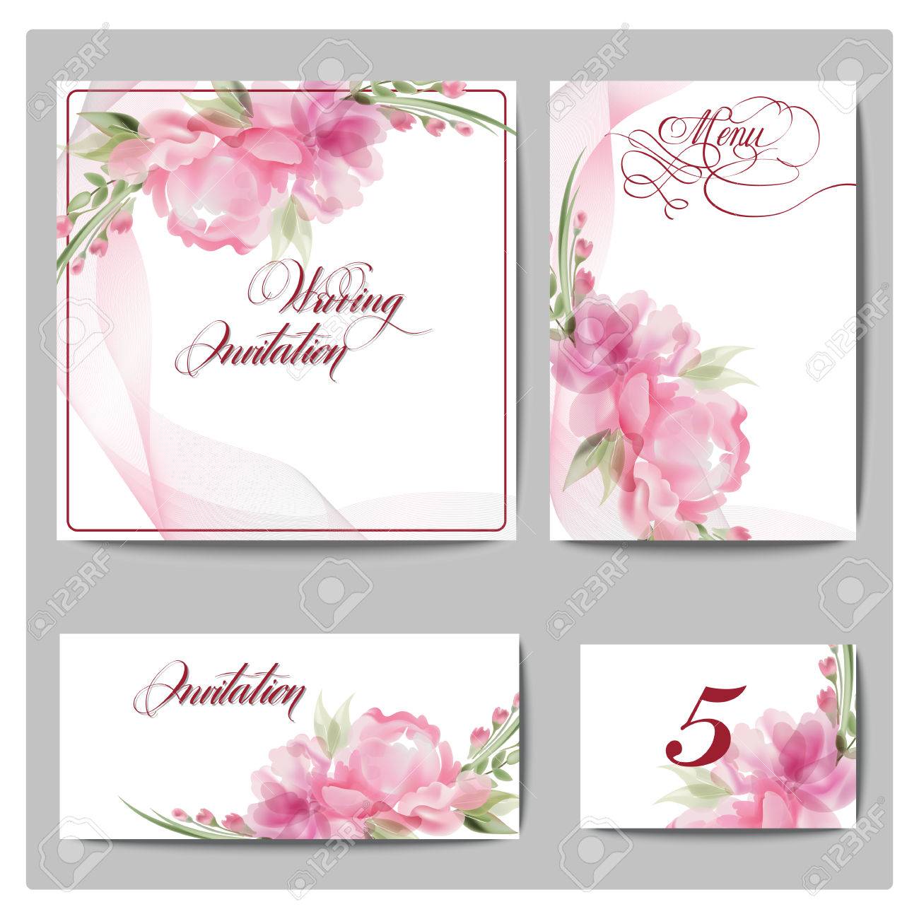 Wedding Invitation Cards With Blooming Flowers Use For Boarding