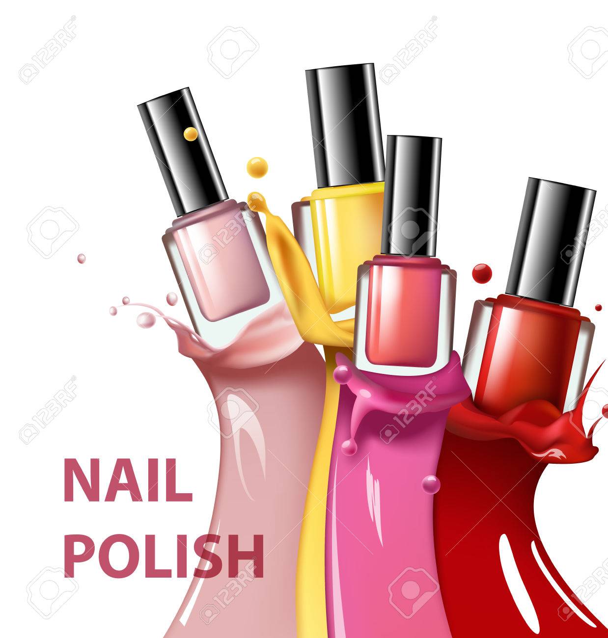 カラフルなネイル ラッカー マニキュアは 白い背景 3 D イラスト 流行デザイン化粧品の広告 ファッション背景テンプレート ベクトル スプラッタします のイラスト素材 ベクタ Image