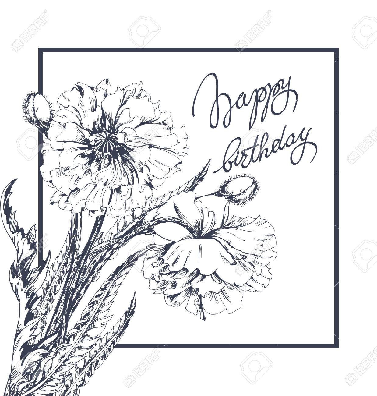 Bon Anniversaire Carte De Félicitation Vectorielle Avec Vecteur Modèle De Fleurs De Pavot