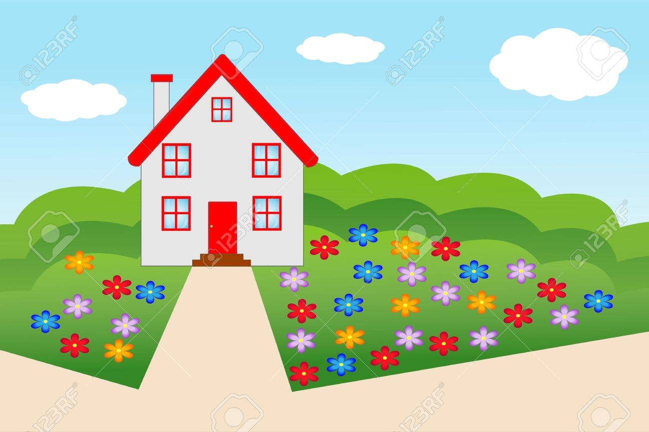 花盛りの庭 イラスト付きの美しい家 のイラスト素材 ベクタ Image