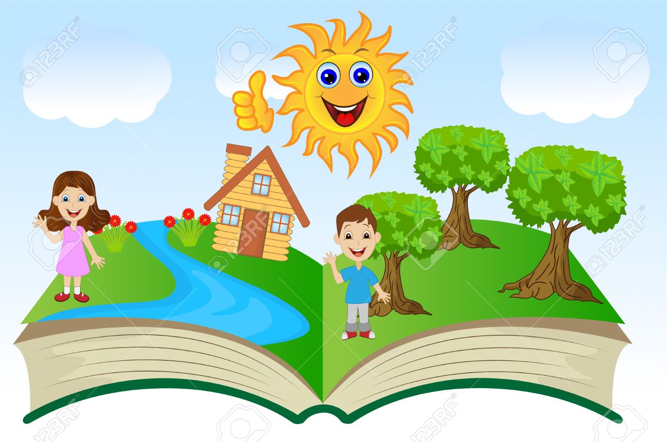 open book with children and summer landscape vector illustration open book animated