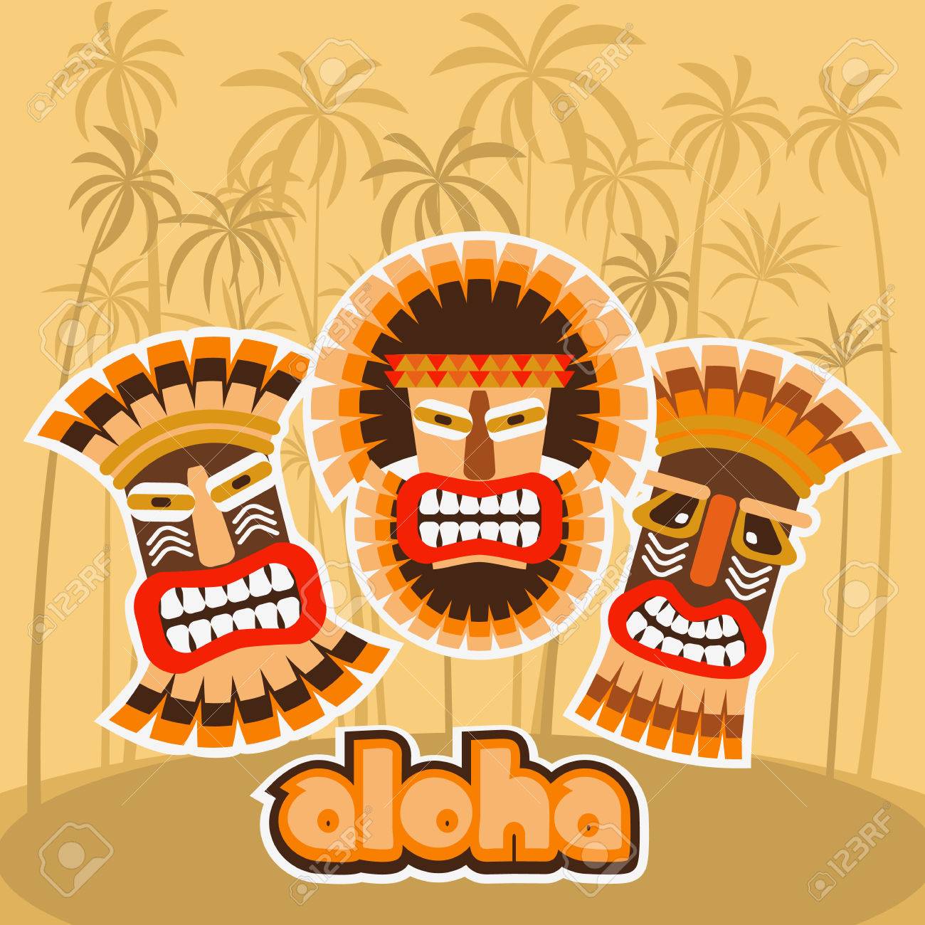 Vector Illustration Of Tiki Mask, Palm Trees And Text Aloha Royalty Free  SVG, Cliparts, Vetores, e Ilustrações Stock. Image 80904150., image size:1300x1300