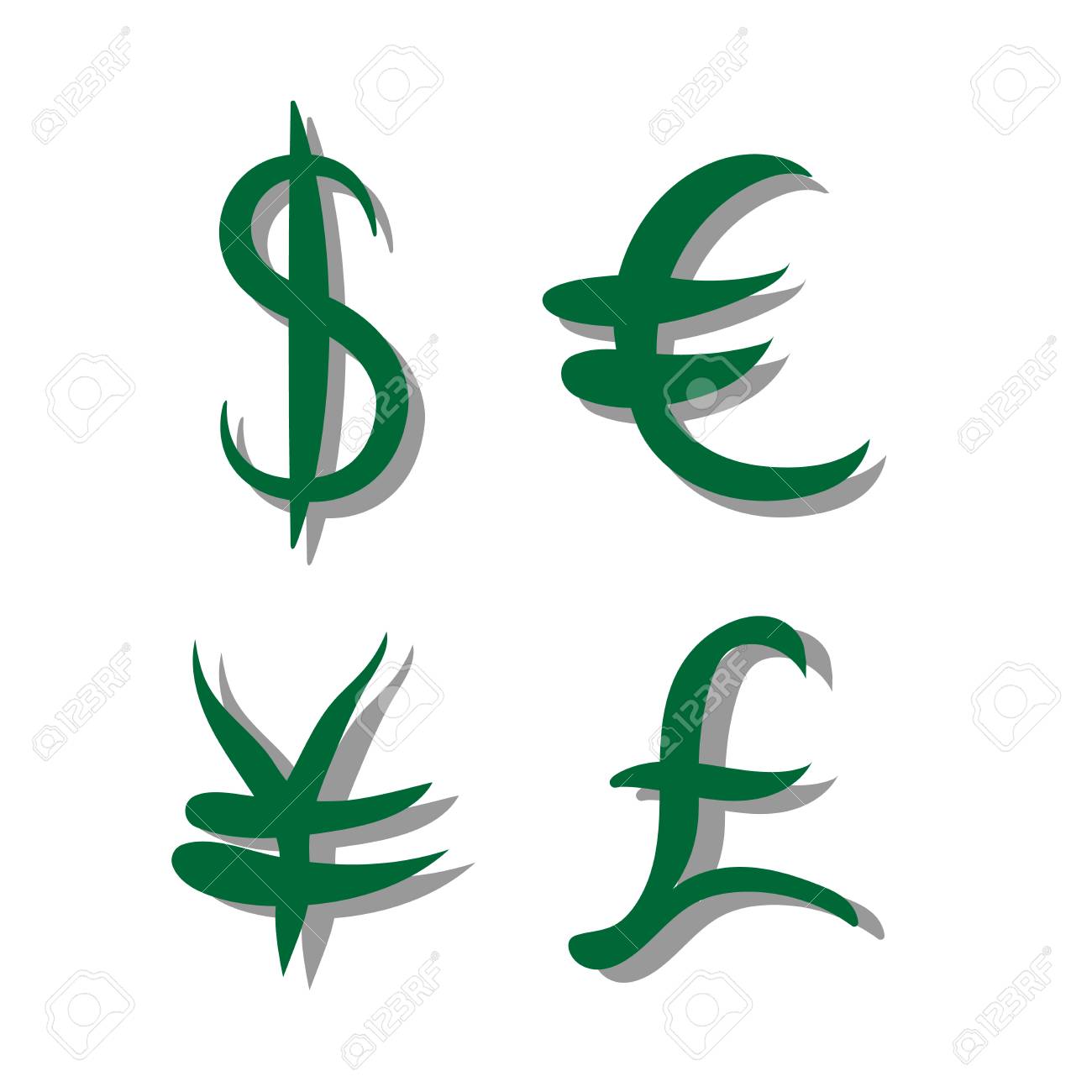 green set of main currency signs with shadow signs of dollar