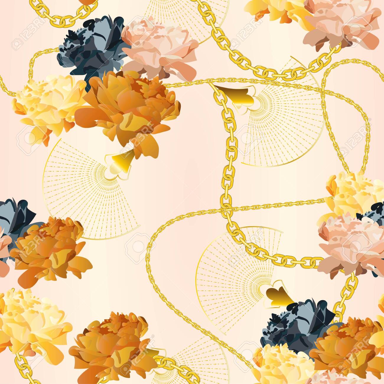 Golden, Yellow, Orange Roses On A Delicate Beige, Cream, Pink Satin Background. Gold Chains And Jewellery And Flowers. Seamless Vector Pattern For Fabric And Wallpaper. Royalty Free SVG, Cliparts, Vectors, And Stock Golden, Yellow, Orange Roses On A Delicate Beige, Cream, Pink Satin Background. Gold Chains And Jewellery And Flowers. Seamless Vector Pattern For Fabric And Wallpaper. Royalty Free SVG, Cliparts, Vectors, And Stock