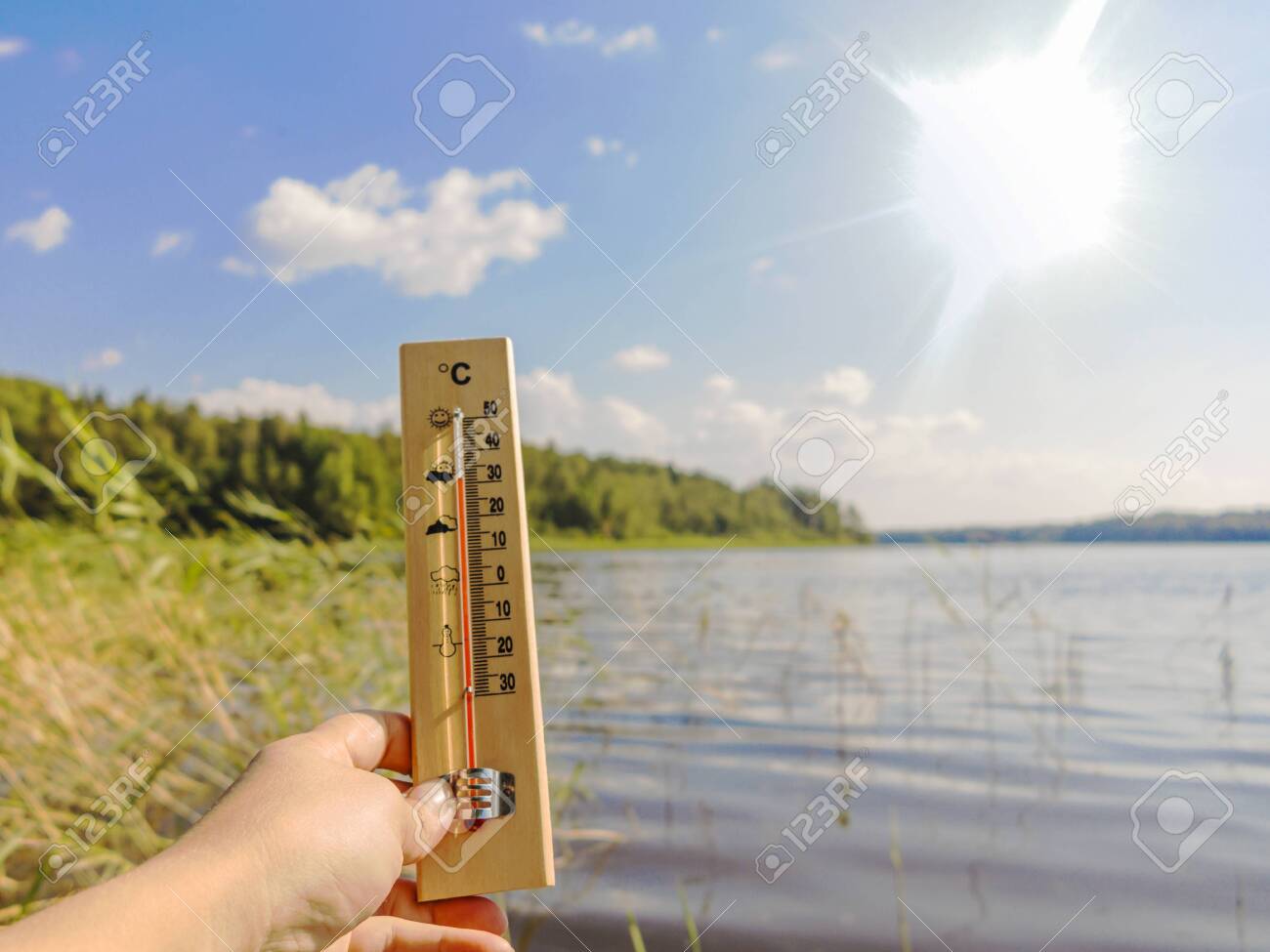 of background.. Thermometer showing the heat 30 against degrees Celsius of heat background.. Thermometer the Celsius 30 showing against degrees