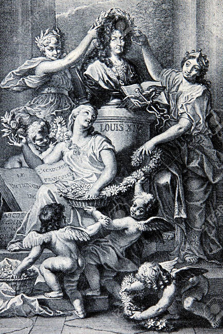Foto de archivo - Glorificación alegórica de Luis XIV, rey de Francia desde 1643 hasta su muerte en 1715